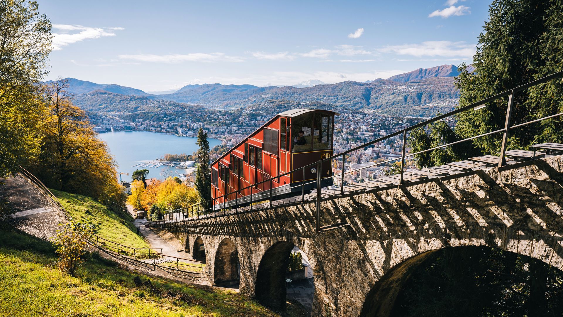 A funicular railway travels a leisurely route up the mountain.