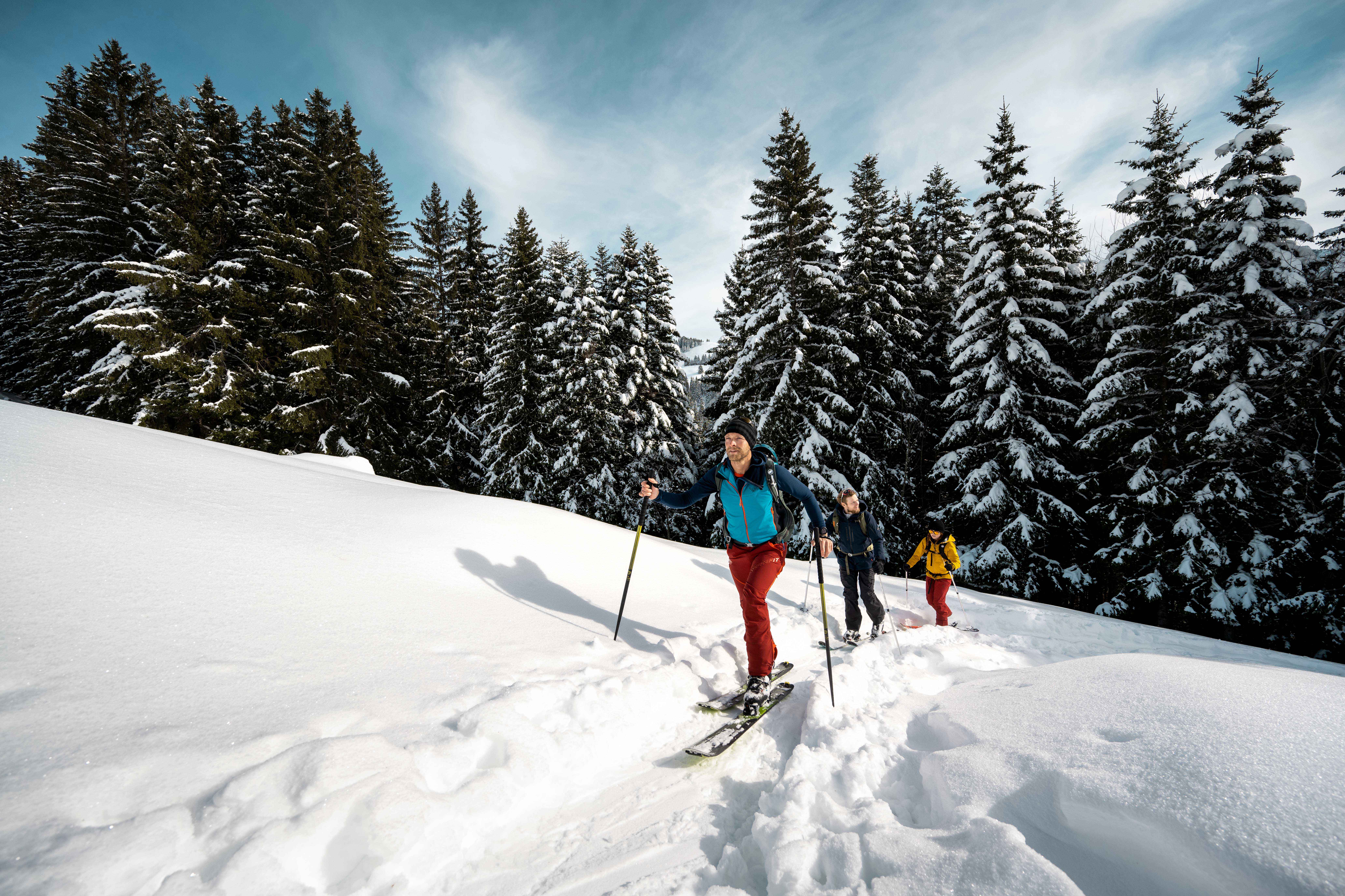 Drei Personen fahren über eine verschneite Piste in einer ruhigen Winterlandschaft.