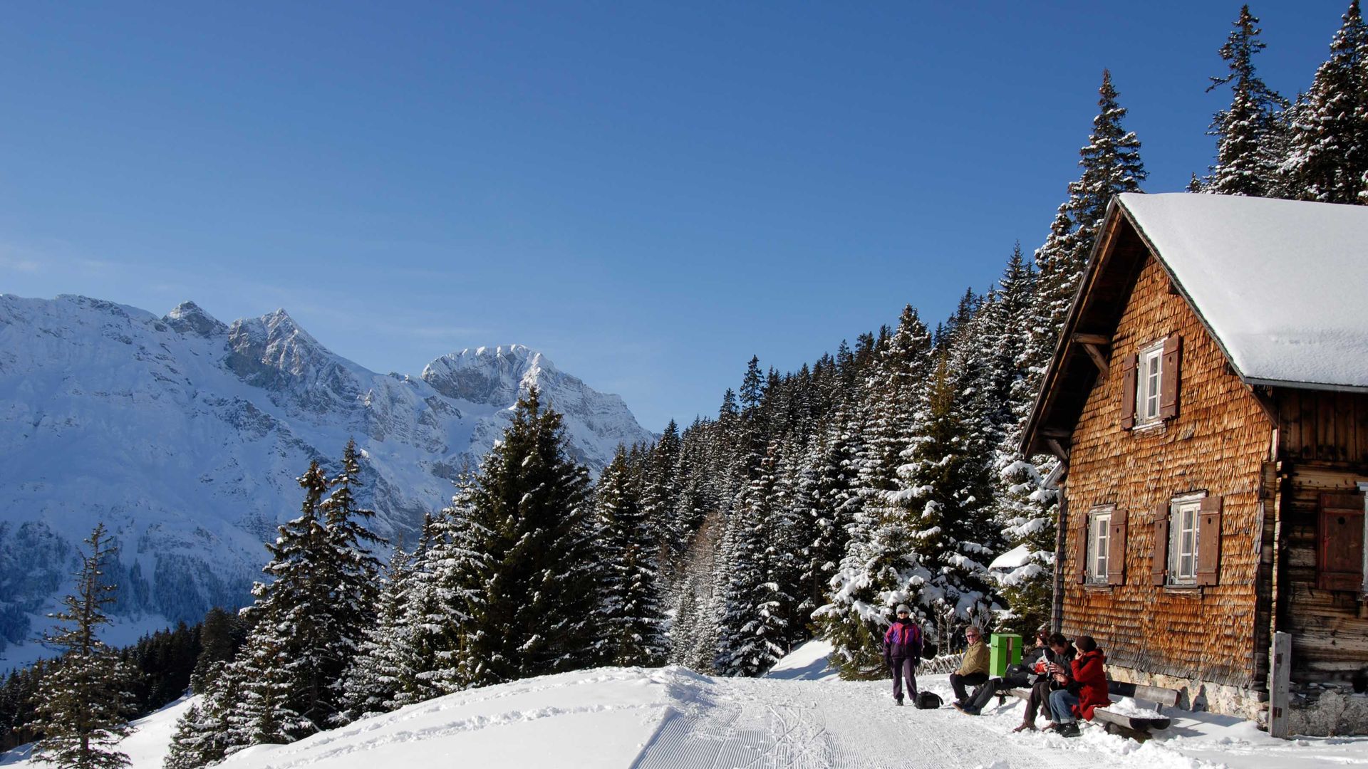 A group of winter hikers sit in front of a wooden hut and marvel at the view over the magnificent winter landscape on a sunny winter day.