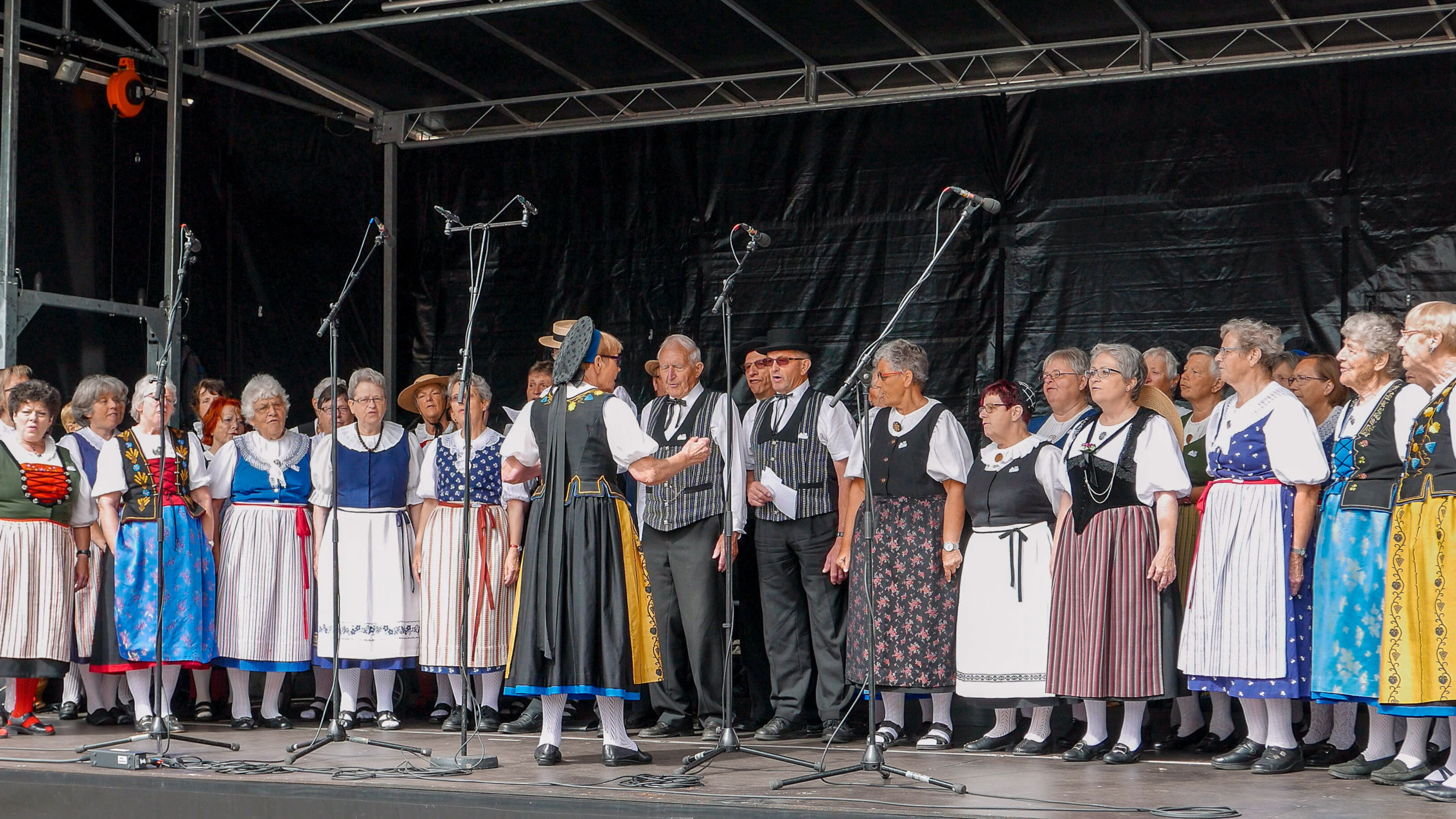 Group of people in traditional costumes standing on a stage with microphone stands.