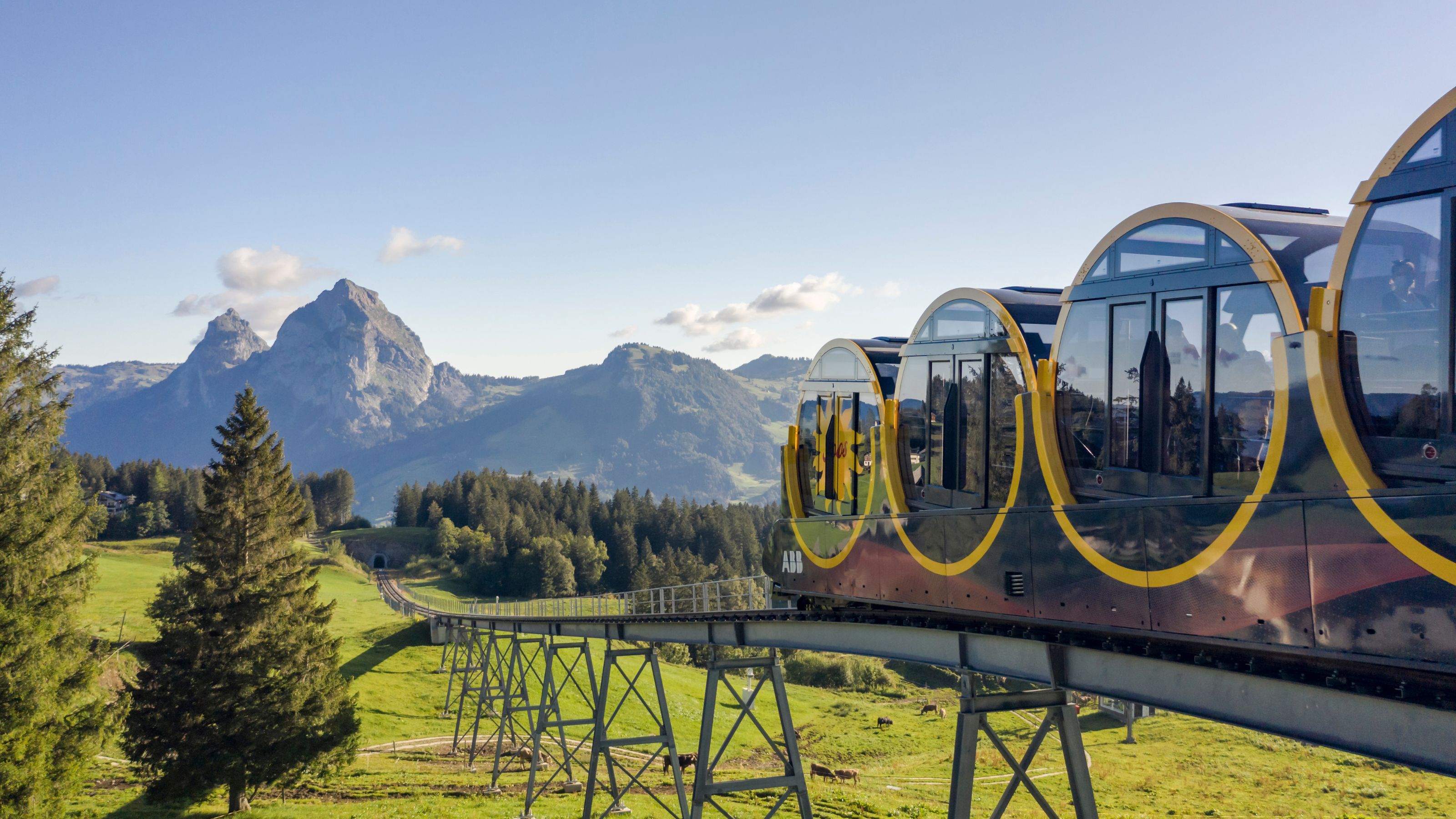 Le funiculaire de Stoos juste avant la montée la plus raide du monde pour un funiculaire. Les rails disparaissent au bout de la paroi rocheuse dans un tunnel sombre entouré d'arbres verts.