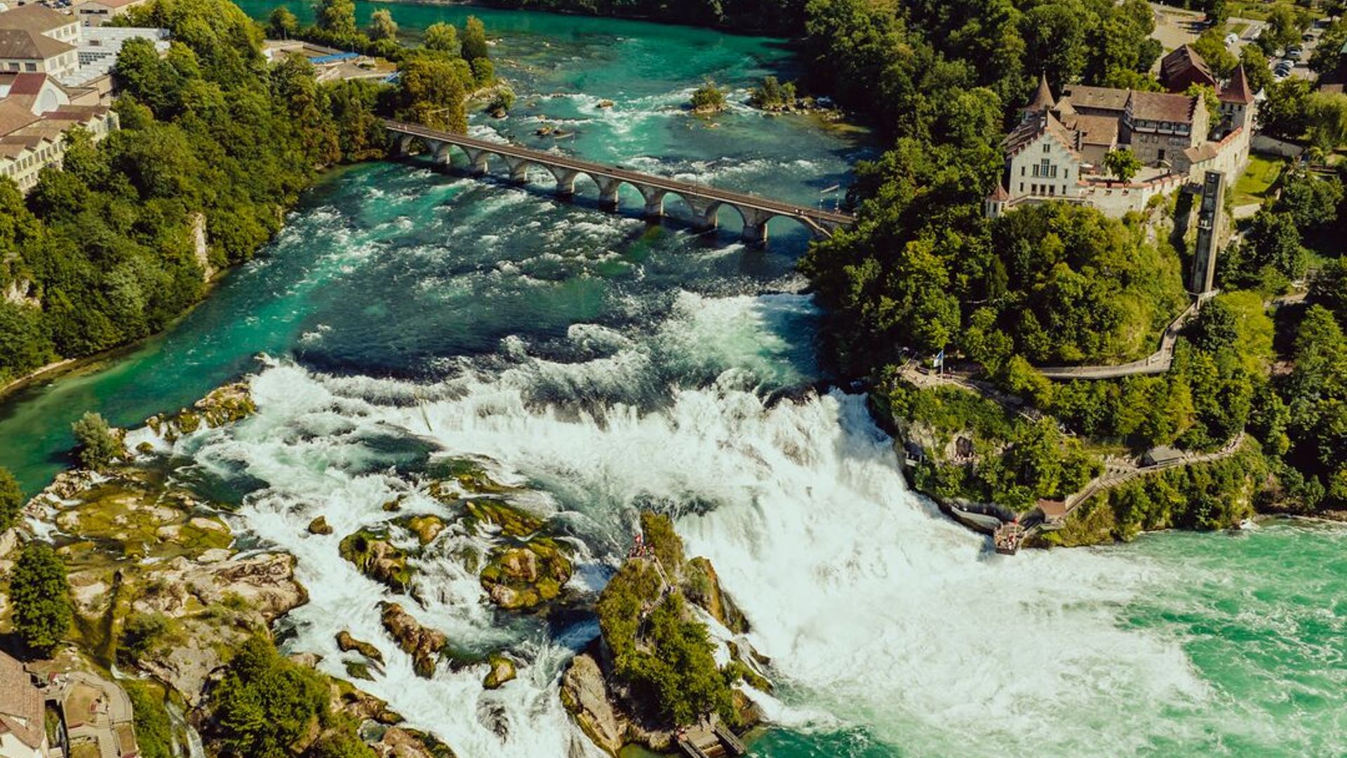 Aerial view of the Rhine Falls.