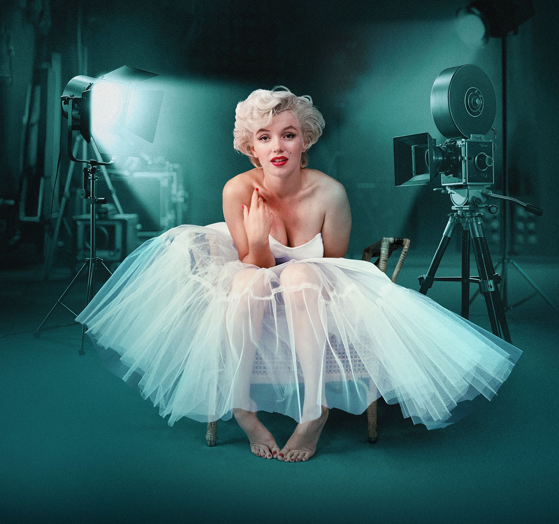 Portrait of Marilyn Monroe, iconically staged, part of the immersive exhibition Becoming Marilyn Monroe.