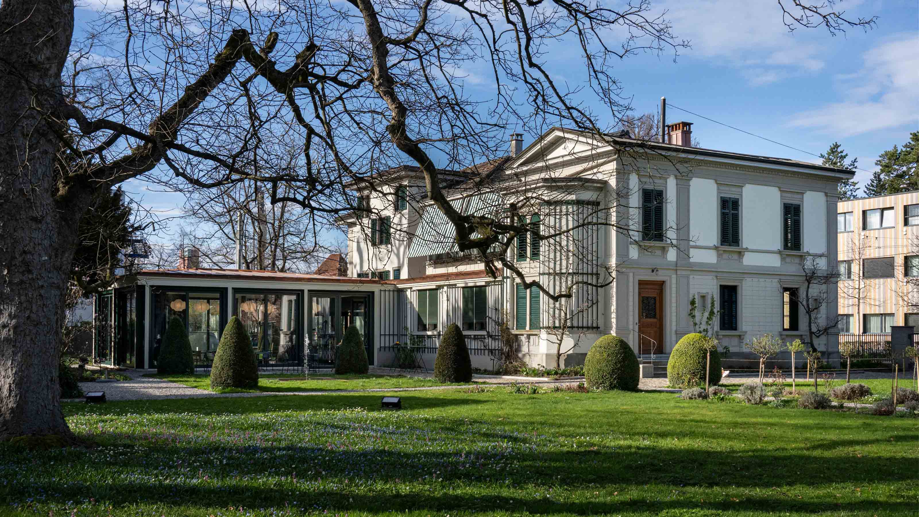 Un'antica villa con un giardino verde e un albero di fronte