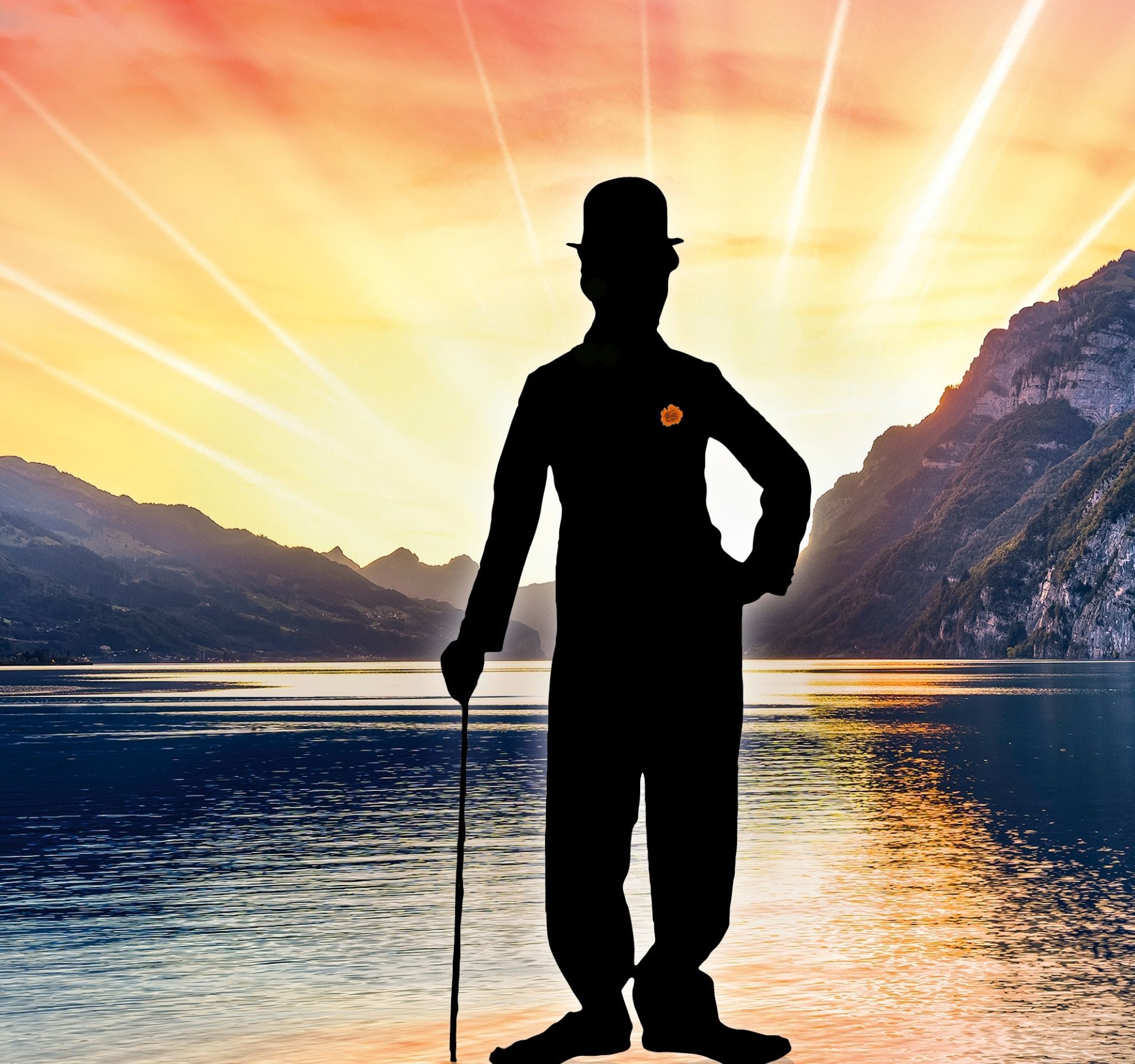 Walensee stage with the musical Chaplin – the musical set against the lake and mountain backdrop with an audience in front of the open-air stage.