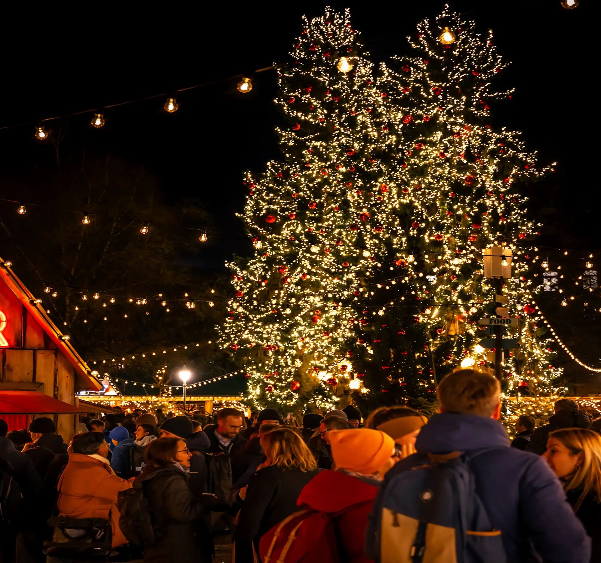 Mercatino di Natale con un grande albero di Natale addobbato, una capanna-bar illuminata e tanta gente di notte.