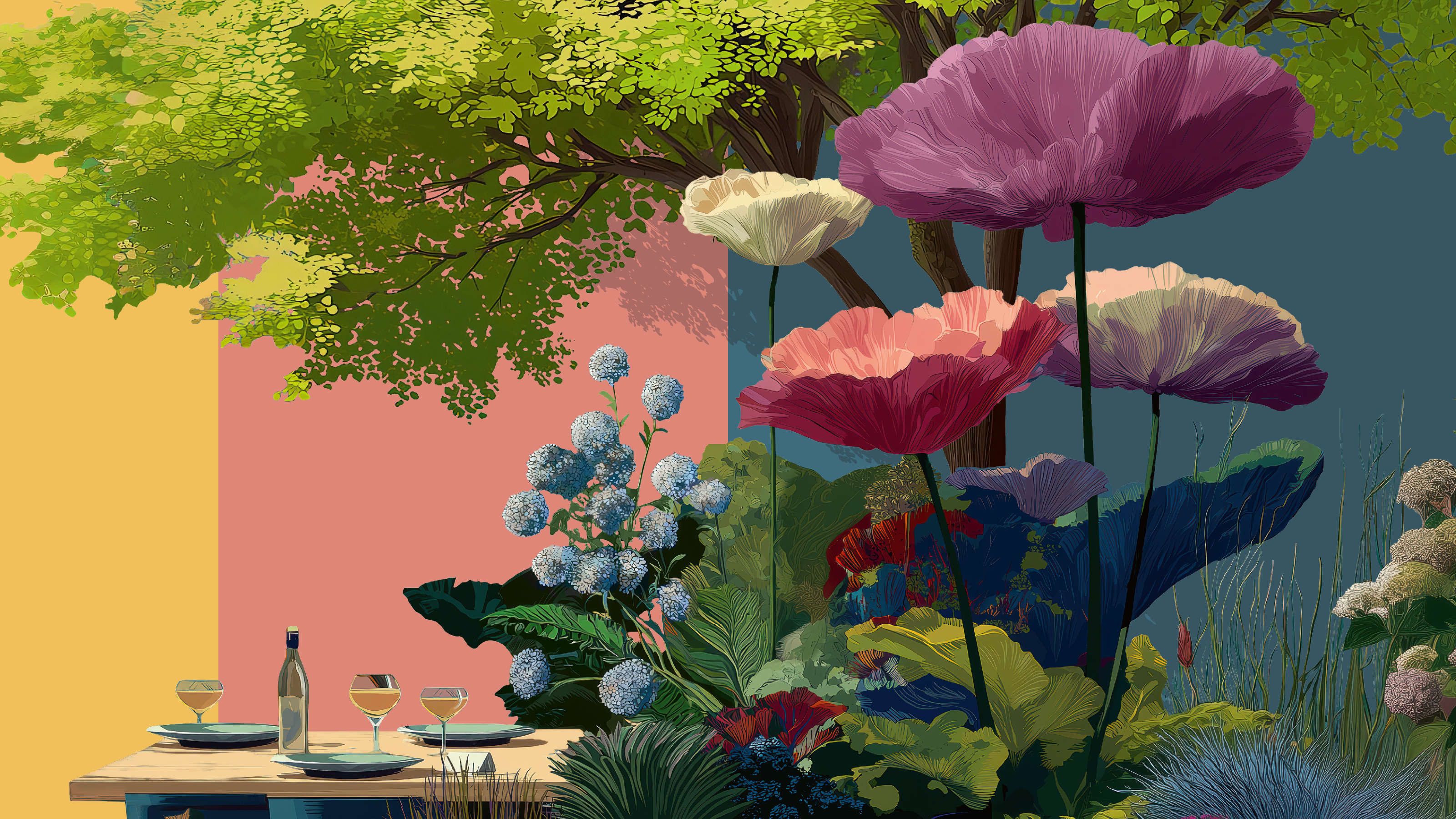 Illustration für die Giardina 2026 in Zürich: stilisierter Garten mit modernen Pflanzen, bunten Blumen und kreativen Outdoor-Elementen.