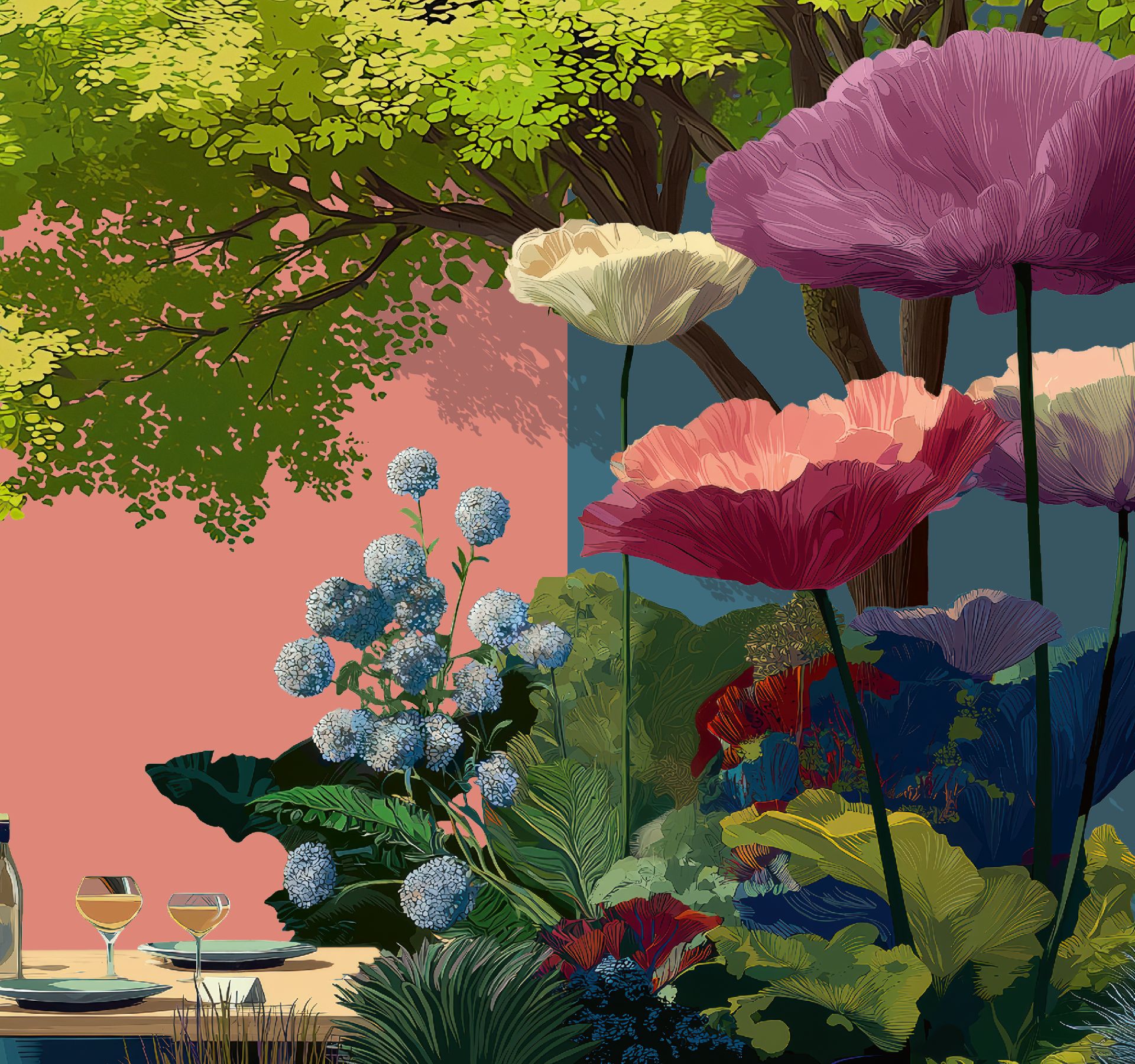Illustration für die Giardina 2026 in Zürich: stilisierter Garten mit modernen Pflanzen, bunten Blumen und kreativen Outdoor-Elementen.