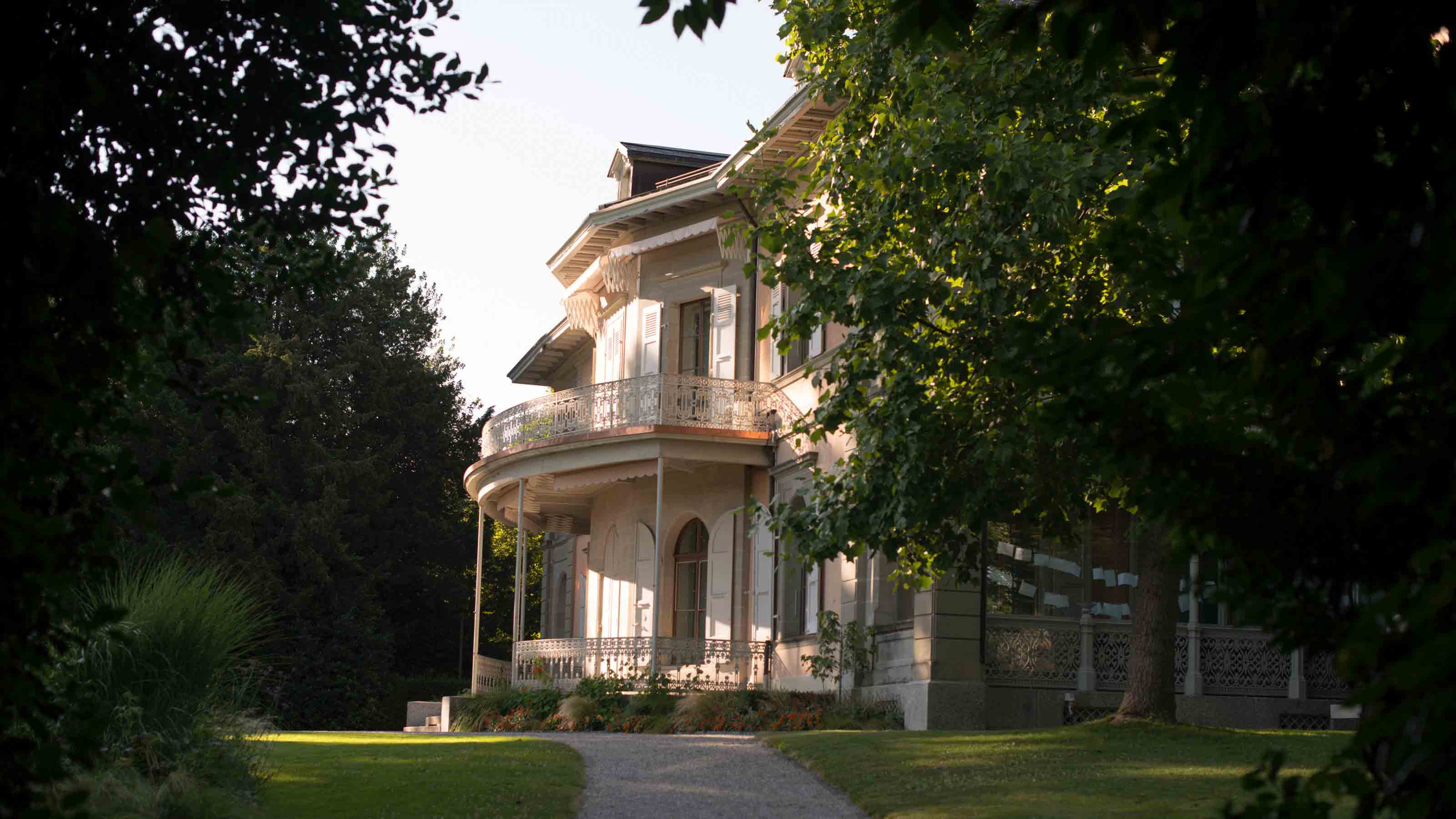 The entrance to a house overlooking a garden