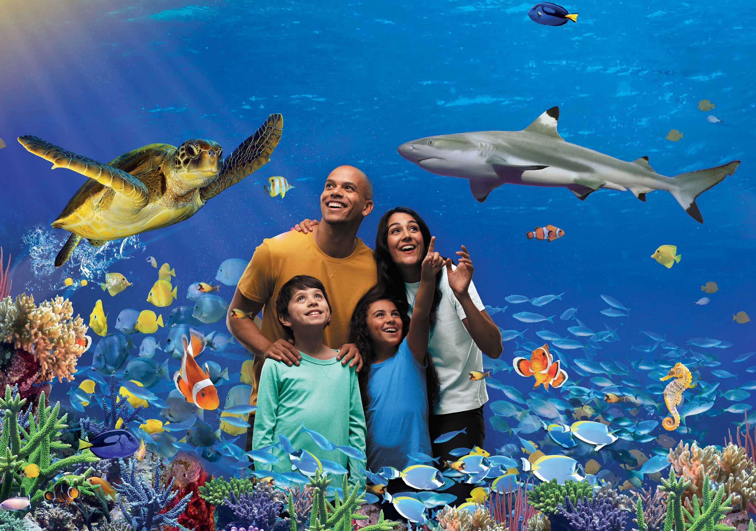 A family poses together in front of a vibrant ocean backdrop, showcasing a beautiful and colorful seaside view.