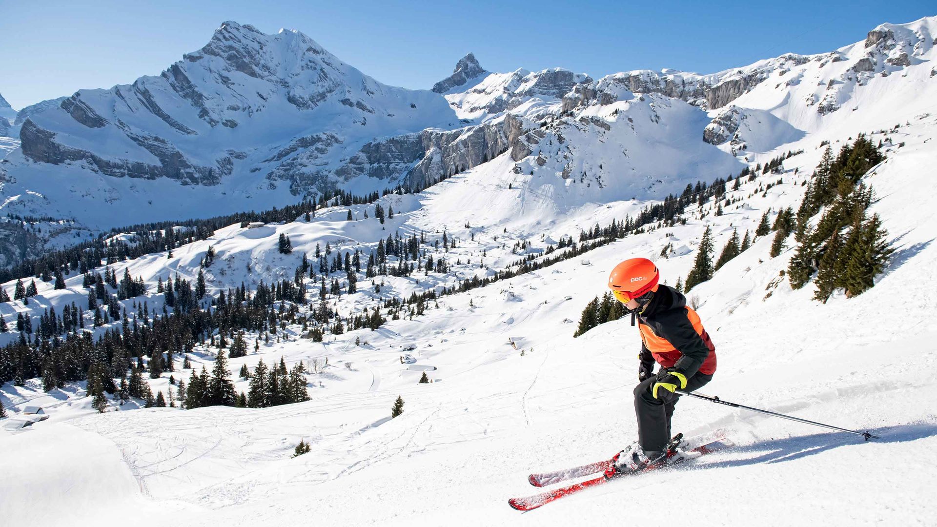 Un skieur descend gracieusement une montagne enneigée, entouré de pentes blanches immaculées et d'un ciel bleu limpide.