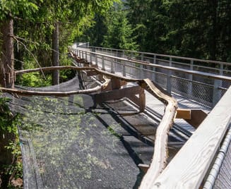 A marble run installation on the treetop path in Laax