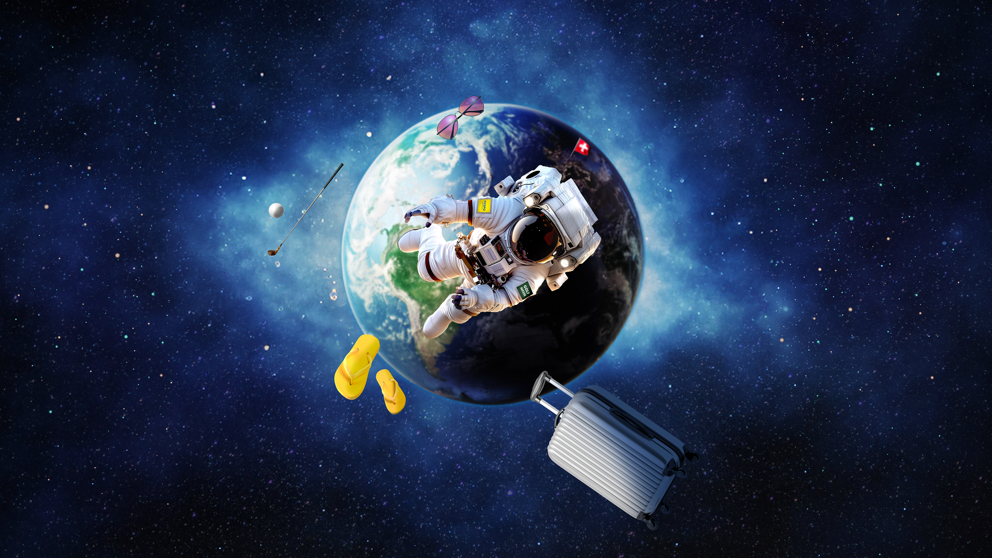 Astronaut schwebt mit Koffer, Flip-Flops und Golfschlägern um die Erde – Symbol für Reisen, Abenteuer und Freizeitangebote auf der FESPO.