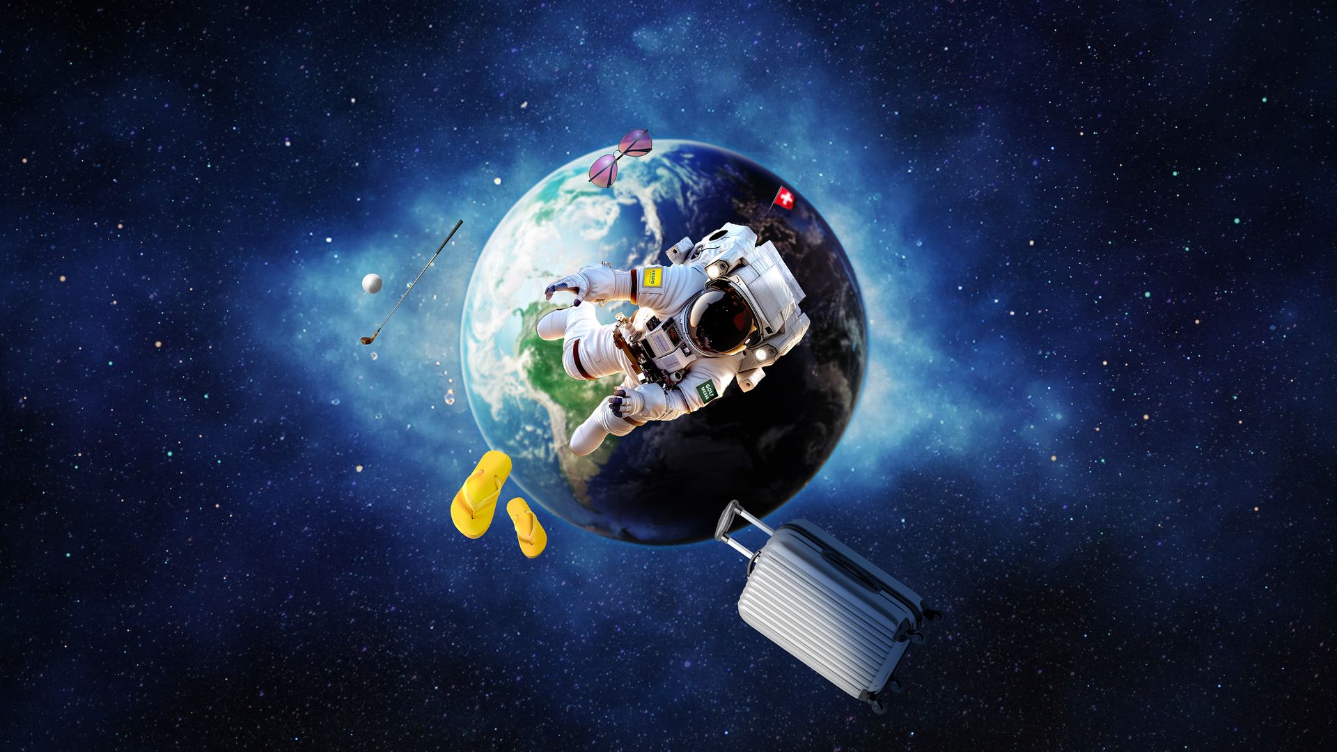 Astronaut schwebt mit Koffer, Flip-Flops und Golfschlägern um die Erde – Symbol für Reisen, Abenteuer und Freizeitangebote auf der FESPO.