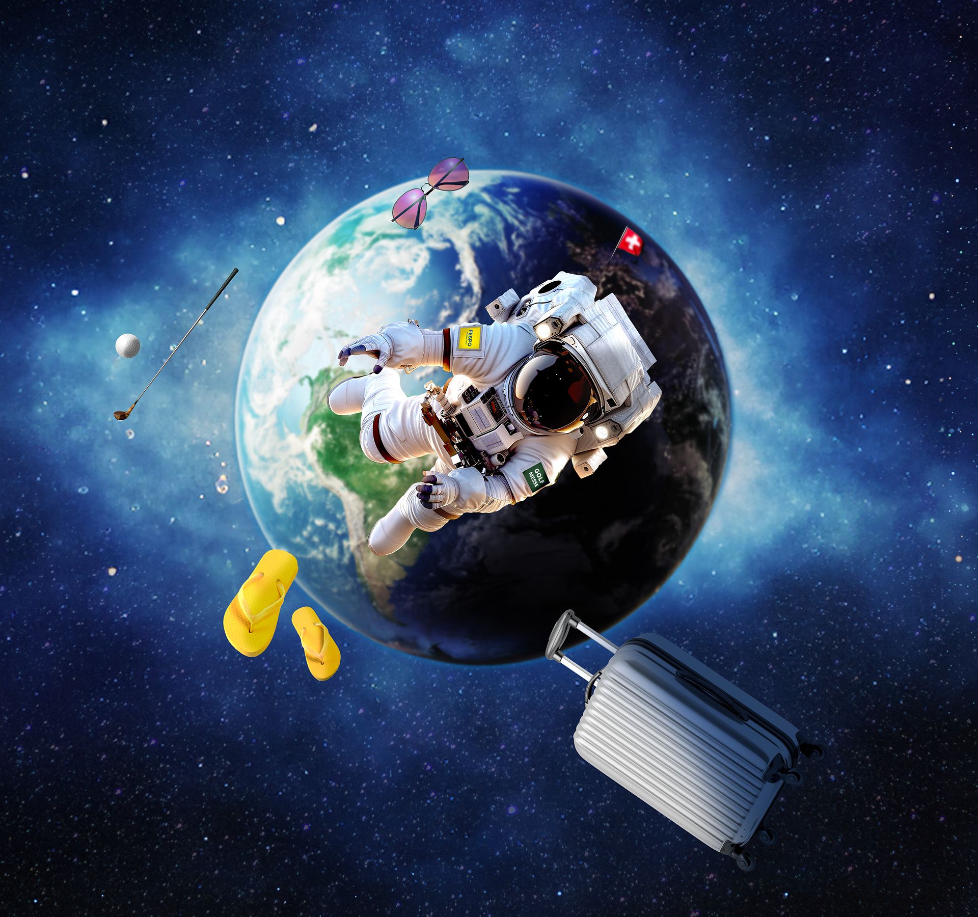 Astronaut schwebt mit Koffer, Flip-Flops und Golfschlägern um die Erde – Symbol für Reisen, Abenteuer und Freizeitangebote auf der FESPO.