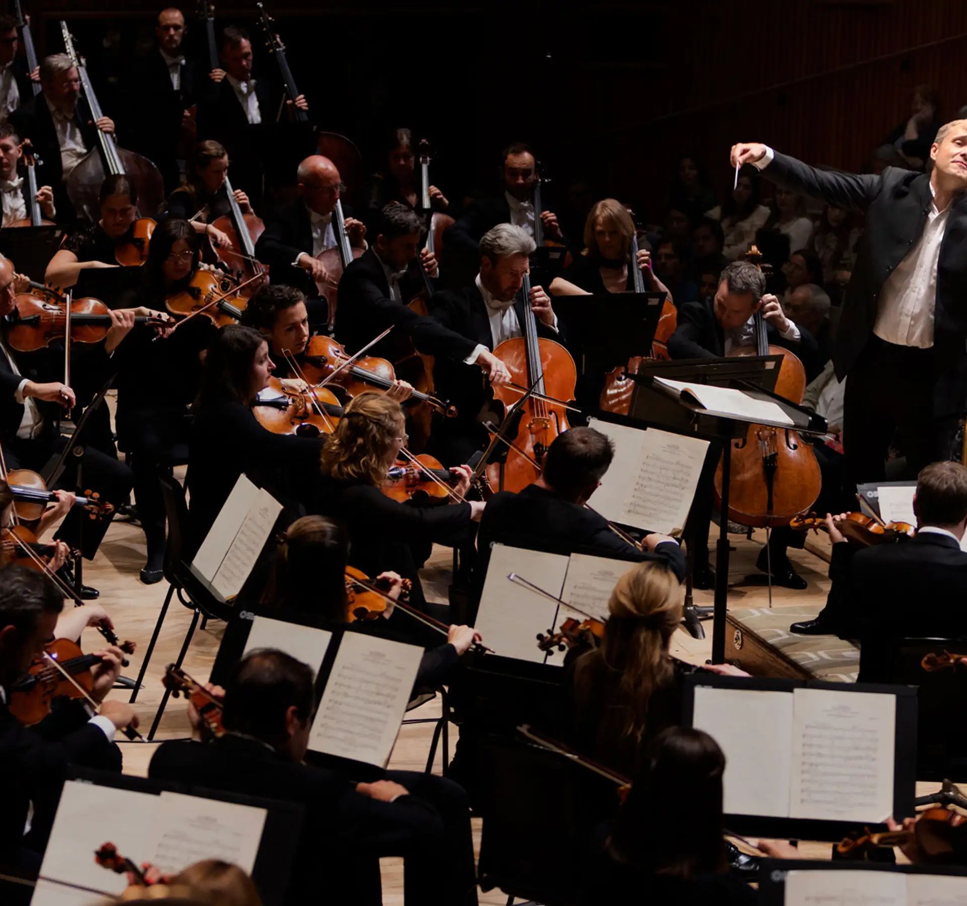 Dirigent vor einem Orchester mit Streichern und anderen Musikern in einem Konzertsaal.
