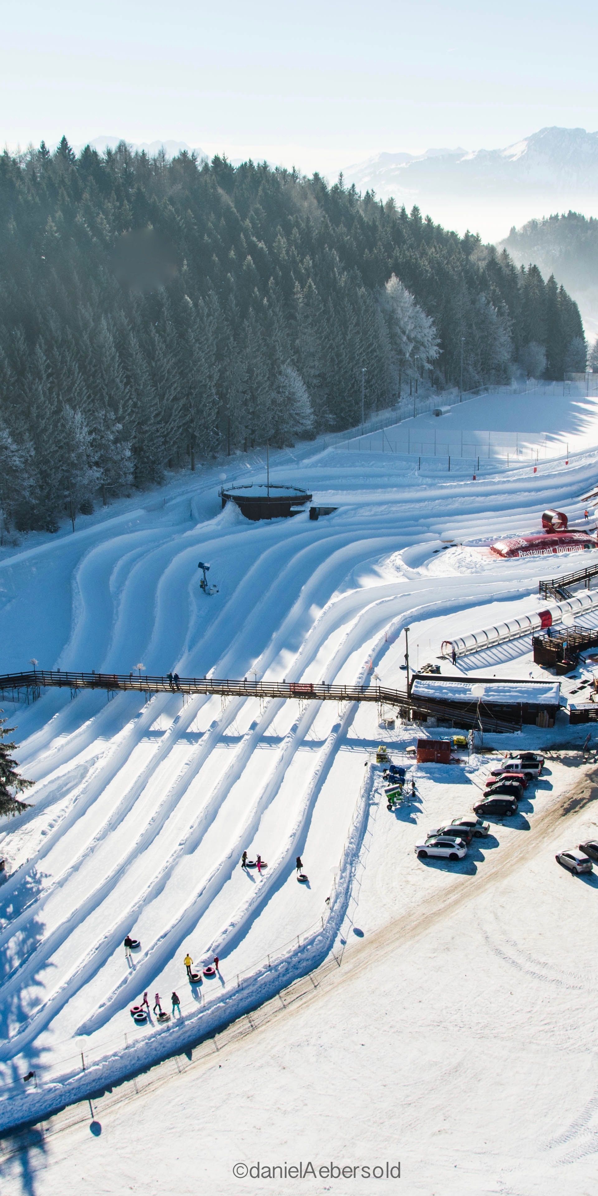 Luftaufnahme des Tobogganing Park in Leysin. Zu sehen sind diverse Pisten zum Rutschen.