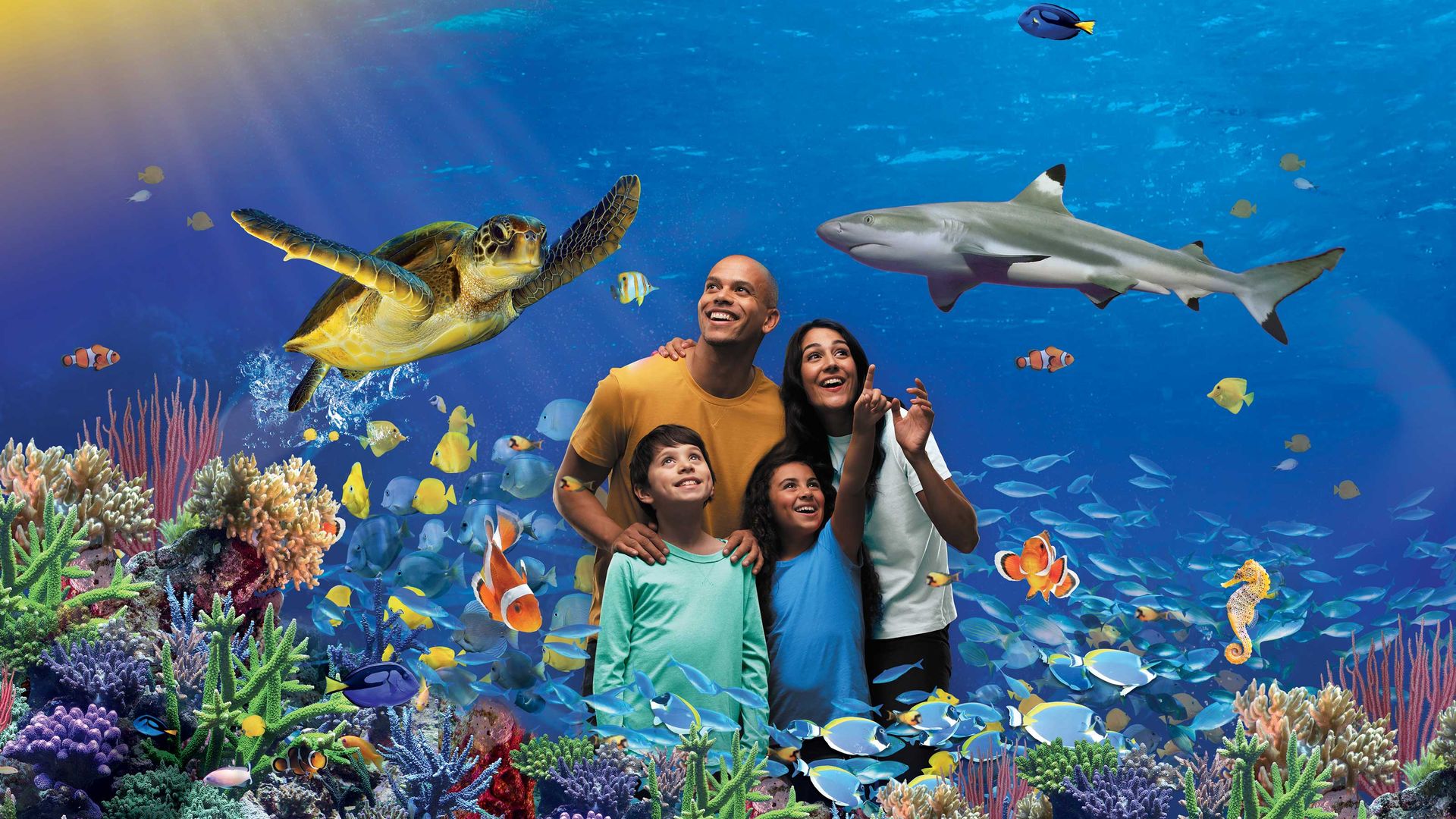 Una famiglia posa insieme davanti a un vibrante sfondo oceanico, mostrando una bella e colorata vista sul mare.