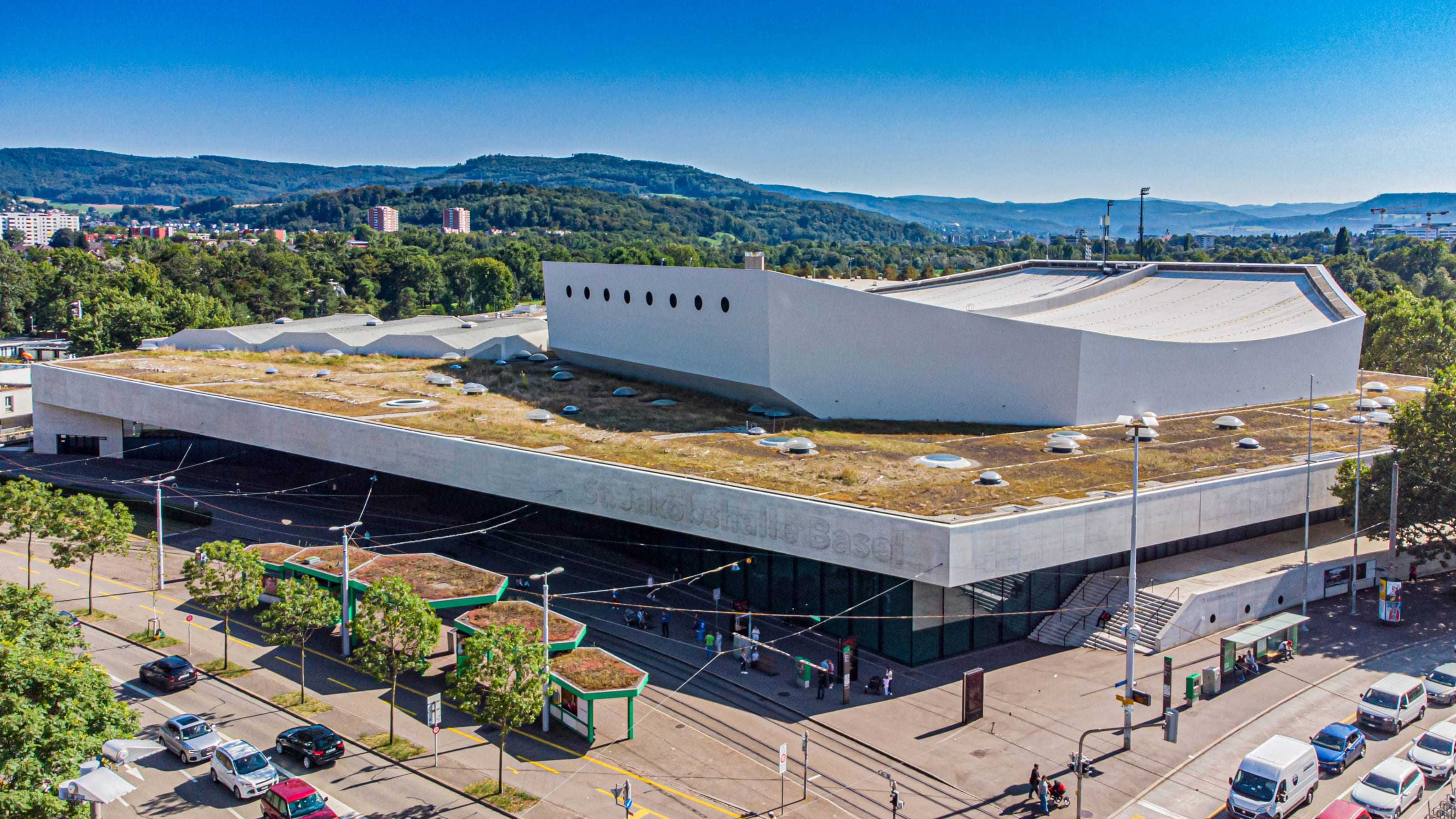 Exterior view of St. Jakobshalle Basel, modern multifunctional venue for concerts, shows and events.