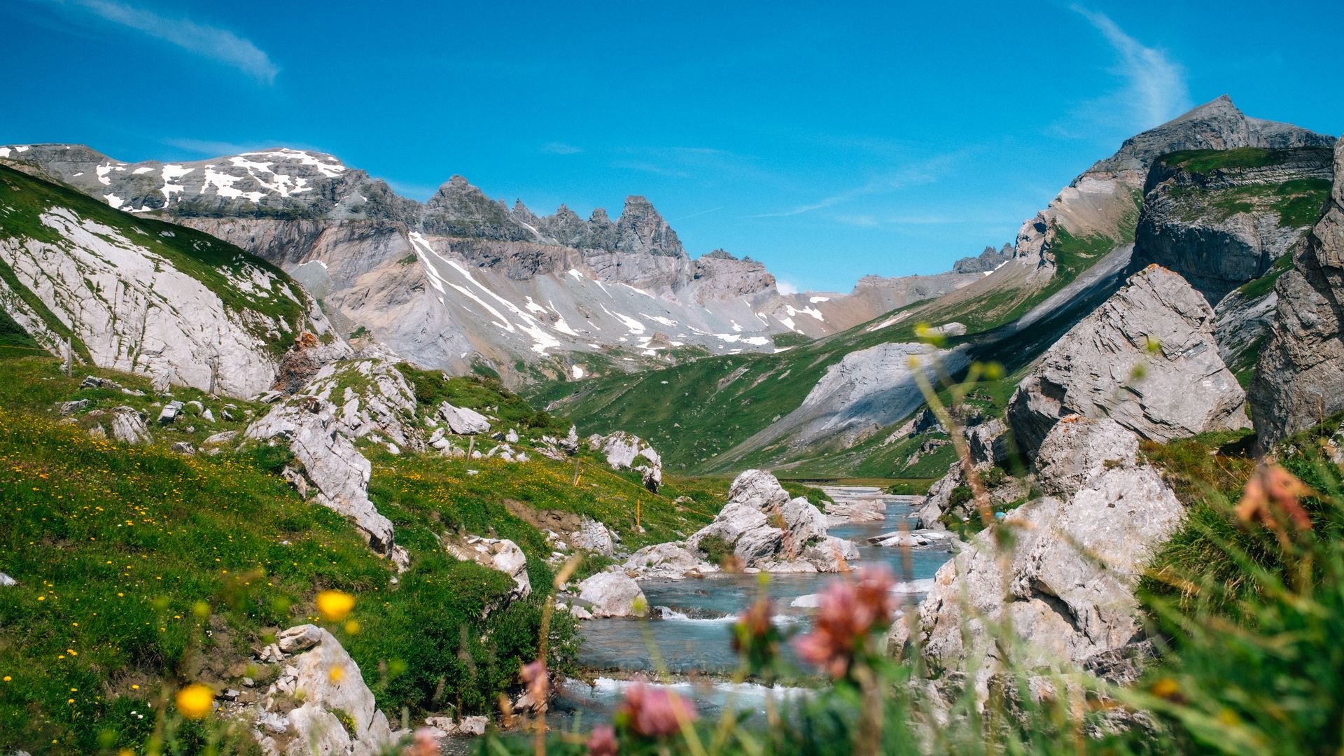 Le pittoresque site de Sardona, inscrit au patrimoine mondial de l'UNESCO, avec ses vertes prairies, ses montagnes rocheuses et son ruisseau de montagne aux eaux claires.