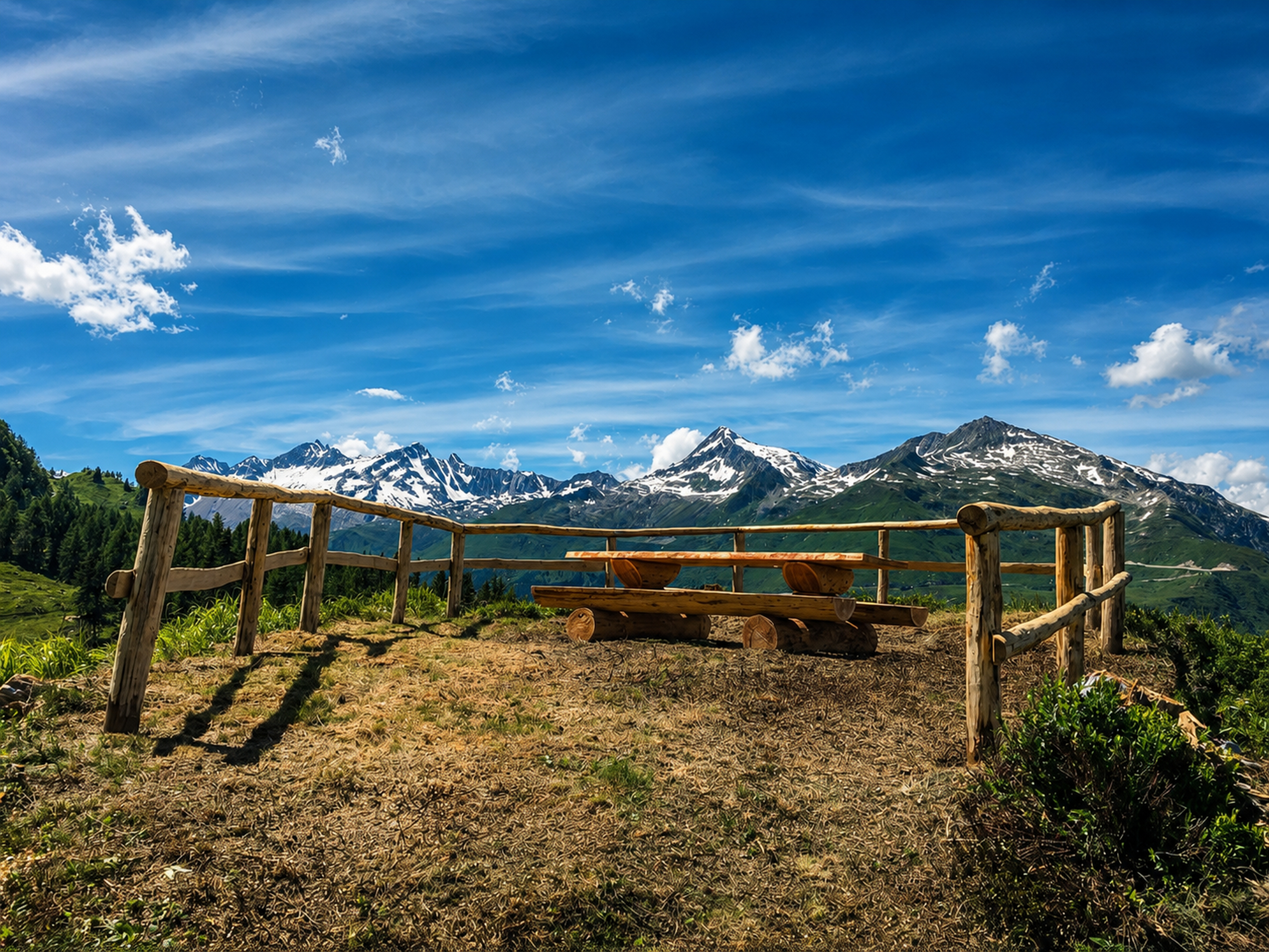Holzbank am Almenweg im Bedrettotal mit Panoramablick auf die Tessiner Alpen und schneebedeckte Berggipfel.