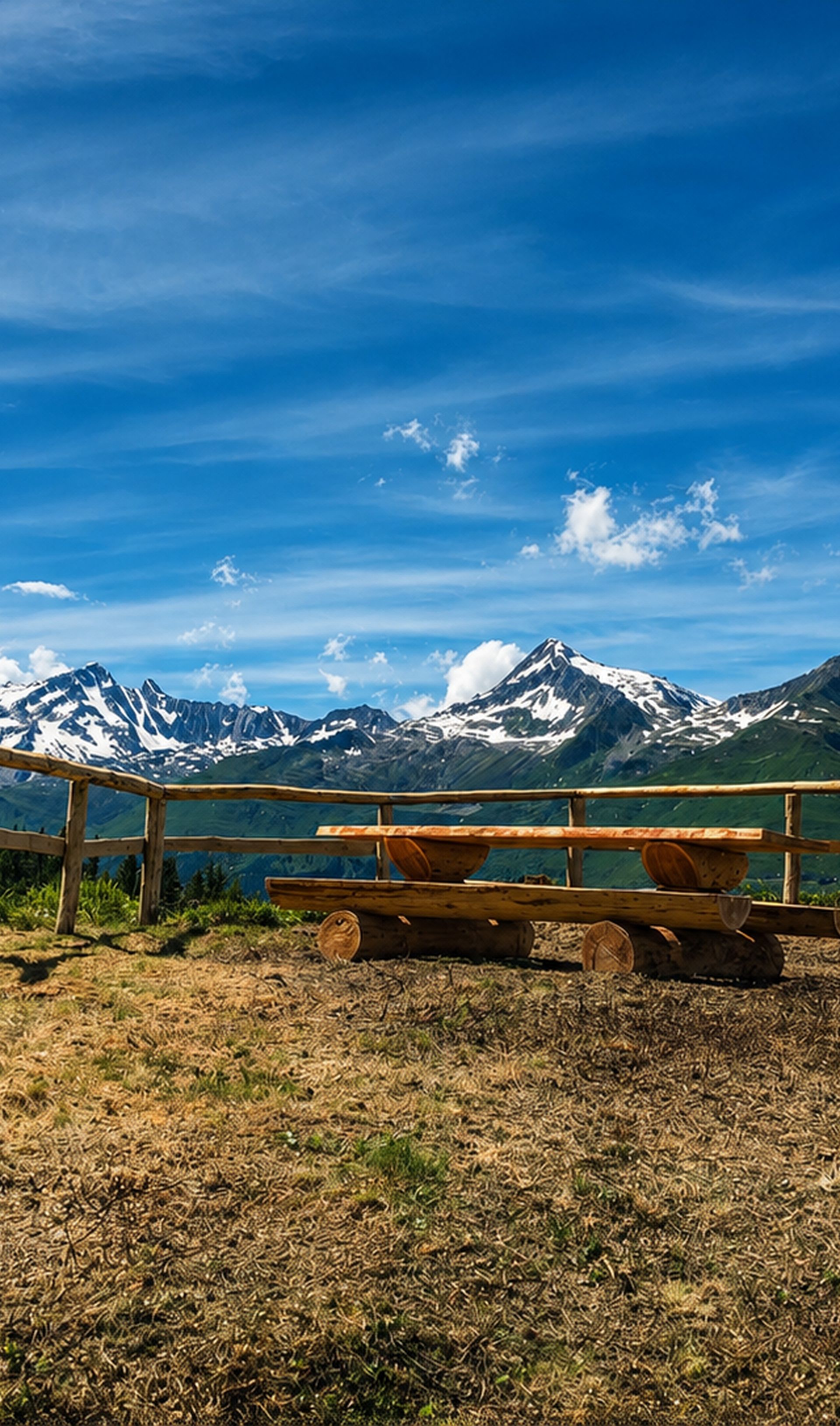 Holzbank am Almenweg im Bedrettotal mit Panoramablick auf die Tessiner Alpen und schneebedeckte Berggipfel.