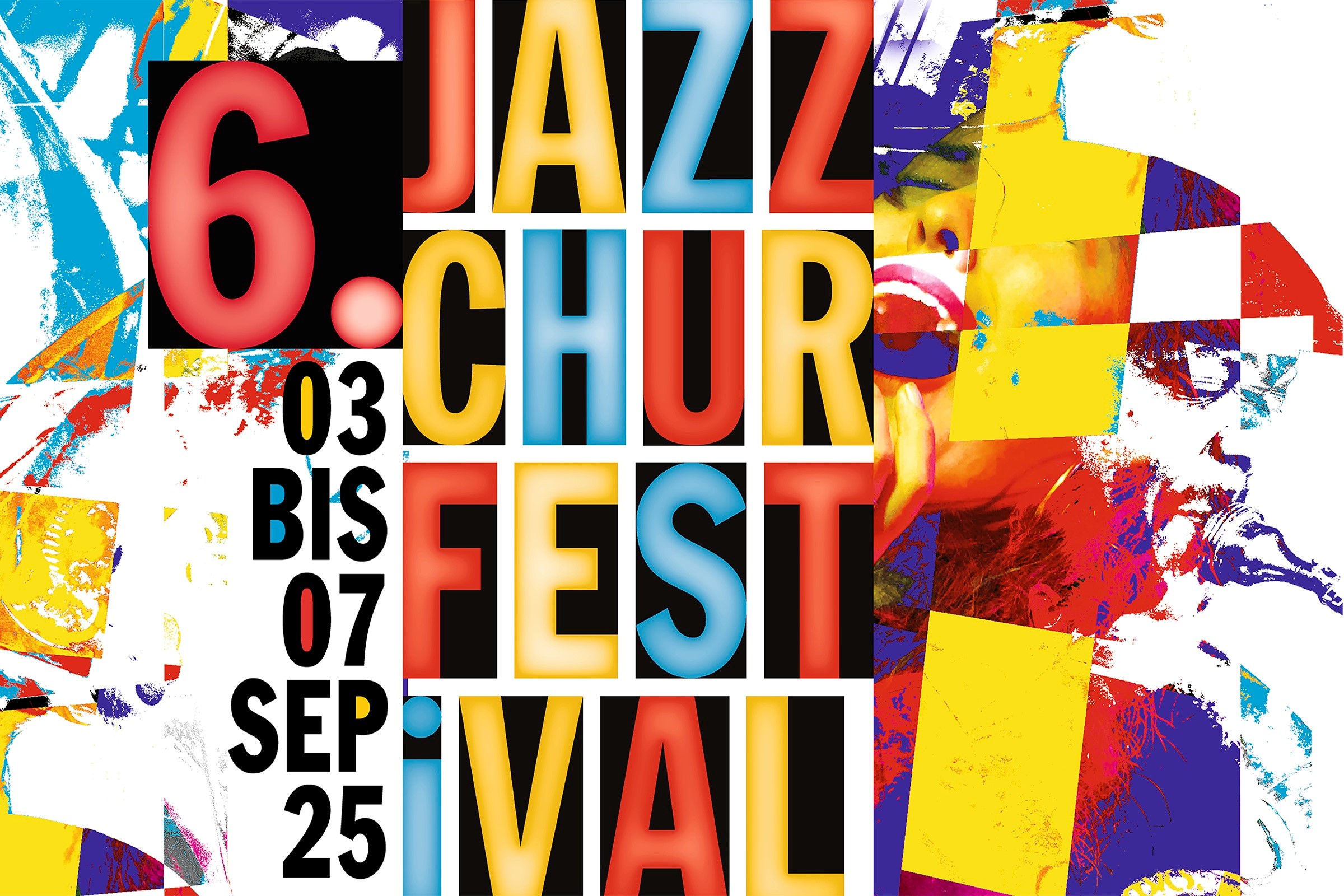 Visuel clé coloré pour le 6e festival de jazz de Coire 2025 avec conception de texte et collage d'un chanteur - événement de jazz à Coire du 3 au 7 septembre 2025.