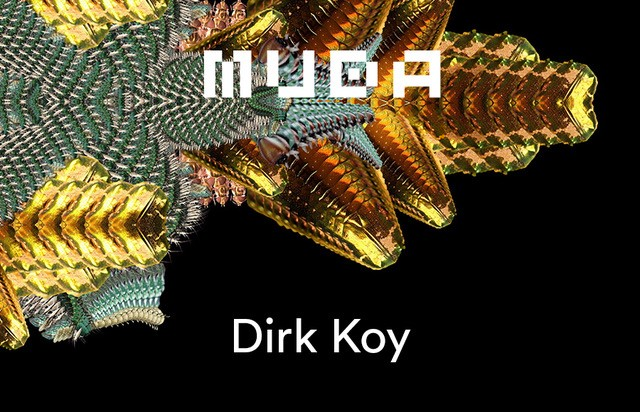 Futuristic, digitally manipulated artwork with abstract golden-green structures, the word "MUCA", and the artist's name Dirk Koy on a black background.
