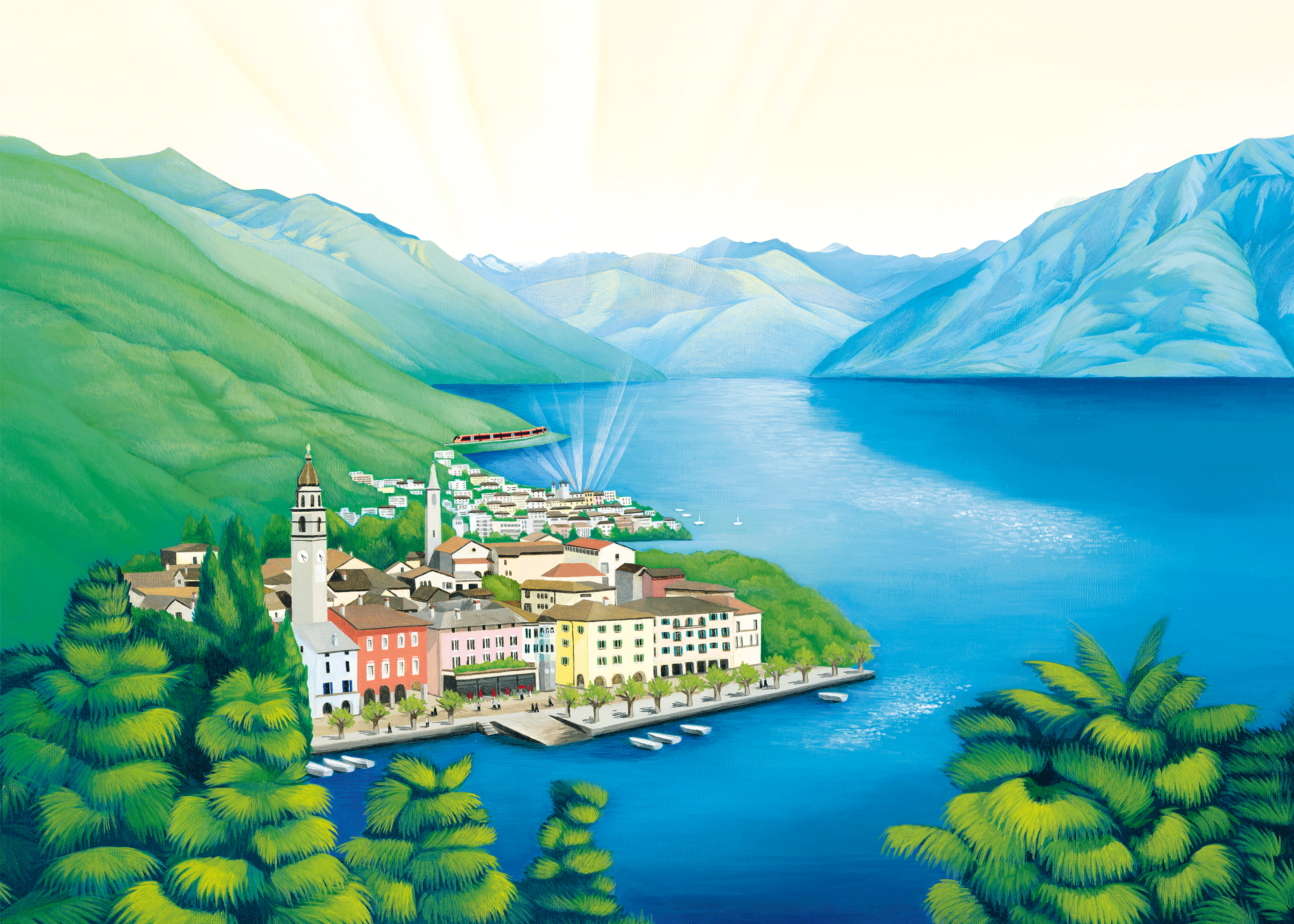 Illustration des kupferfarbenen Treno Gottardo der SOB am Lago Maggiore mit der Seepromenade von Ascona im Vordergrund.