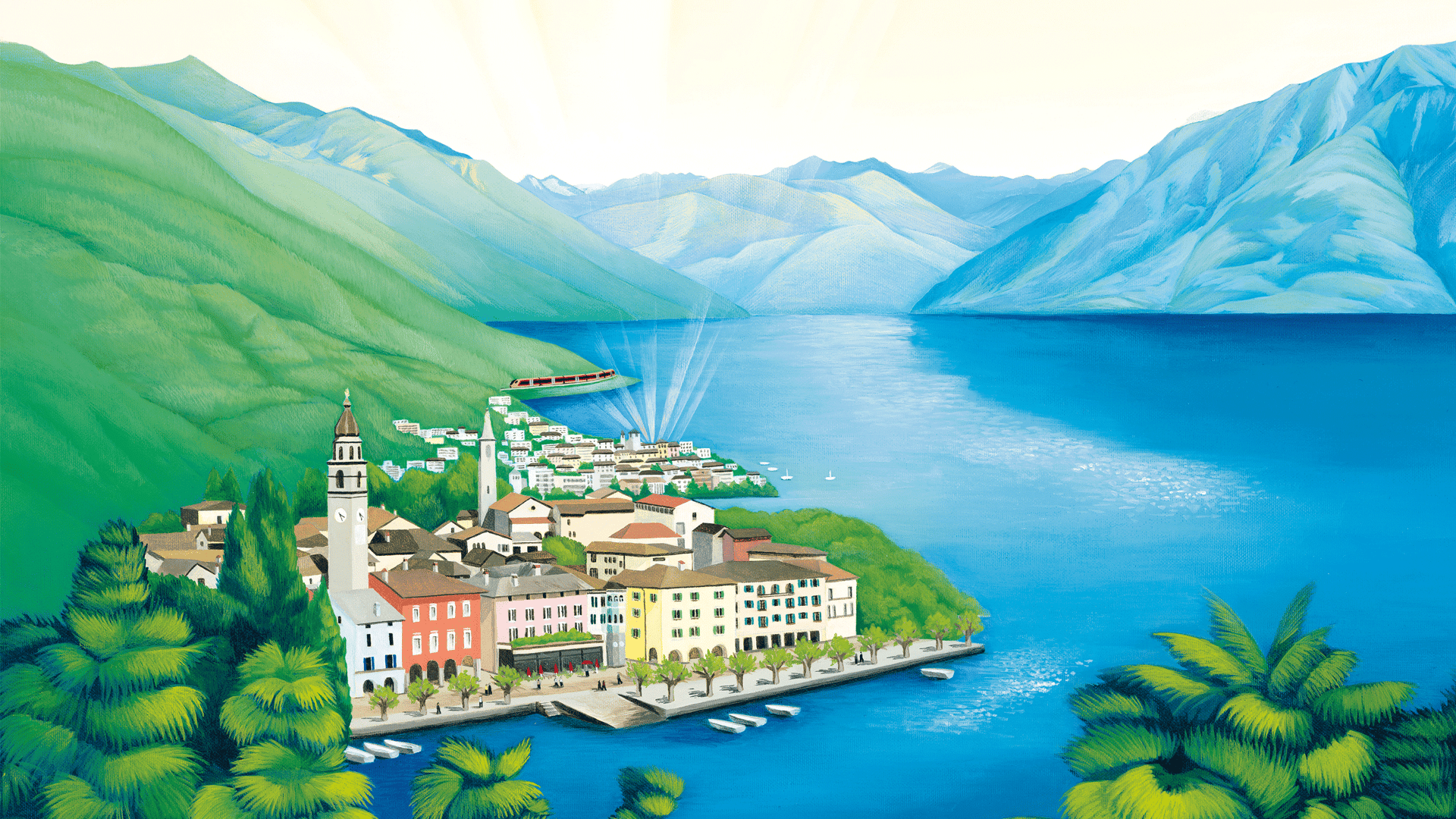 Illustration des kupferfarbenen Treno Gottardo der SOB am Lago Maggiore mit der Seepromenade von Ascona im Vordergrund.