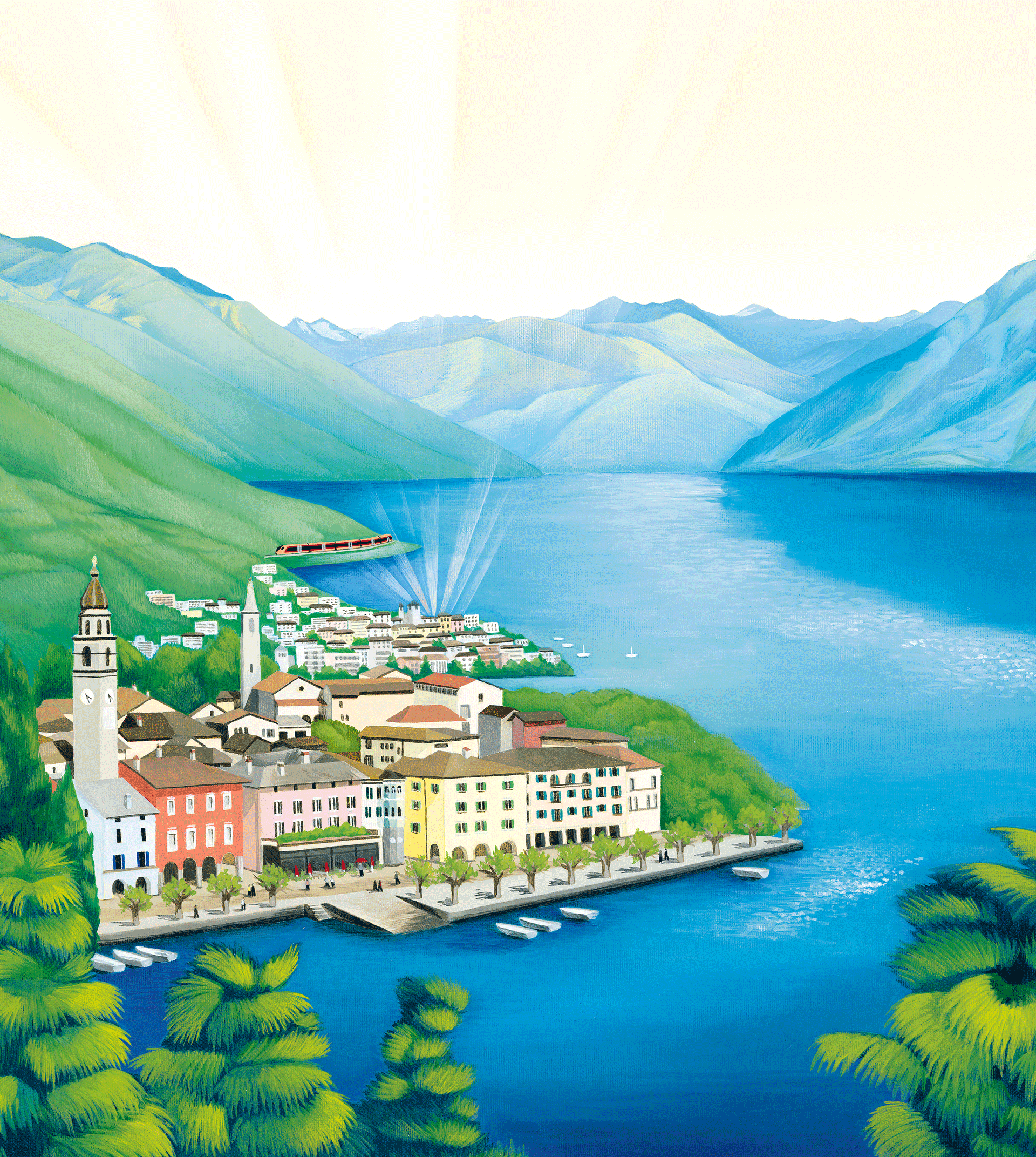 Kupferfarbener Treno Gottardo entlang des Lago Maggiore Kupferfarbener Treno Gottardo am Lago Maggiore mit der Seepromenade von Ascona im Vordergrund.