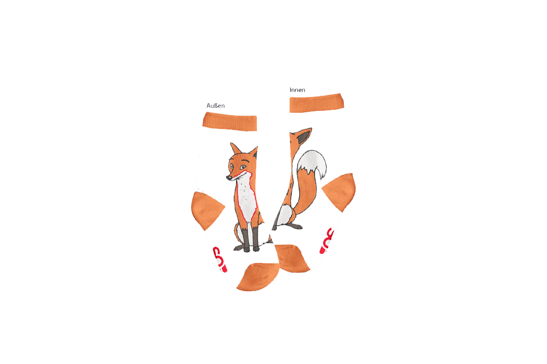 Produktbild mit weiss-orangen Kindersocken und einem gemalten Fuchs