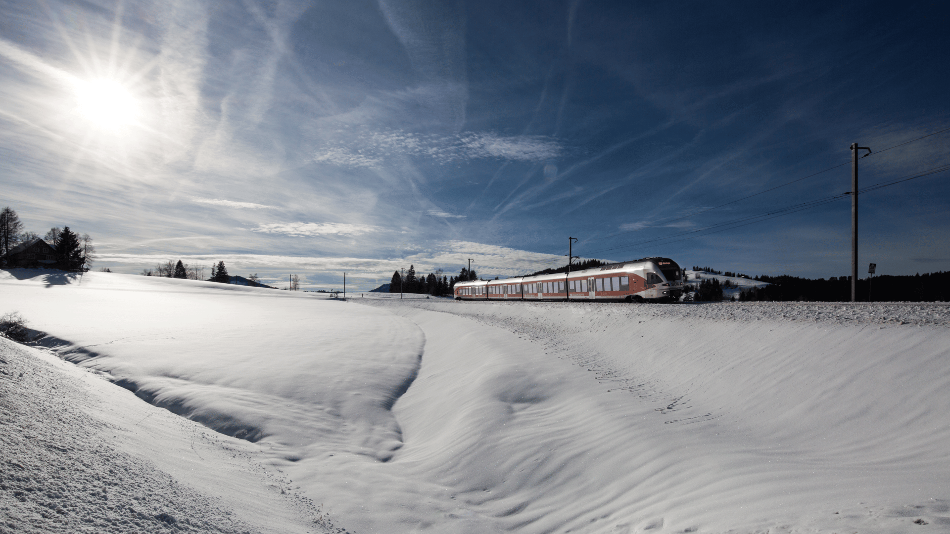 Eine S-Bahn fährt durch die winterliche Landschaft bei Biberbrugg