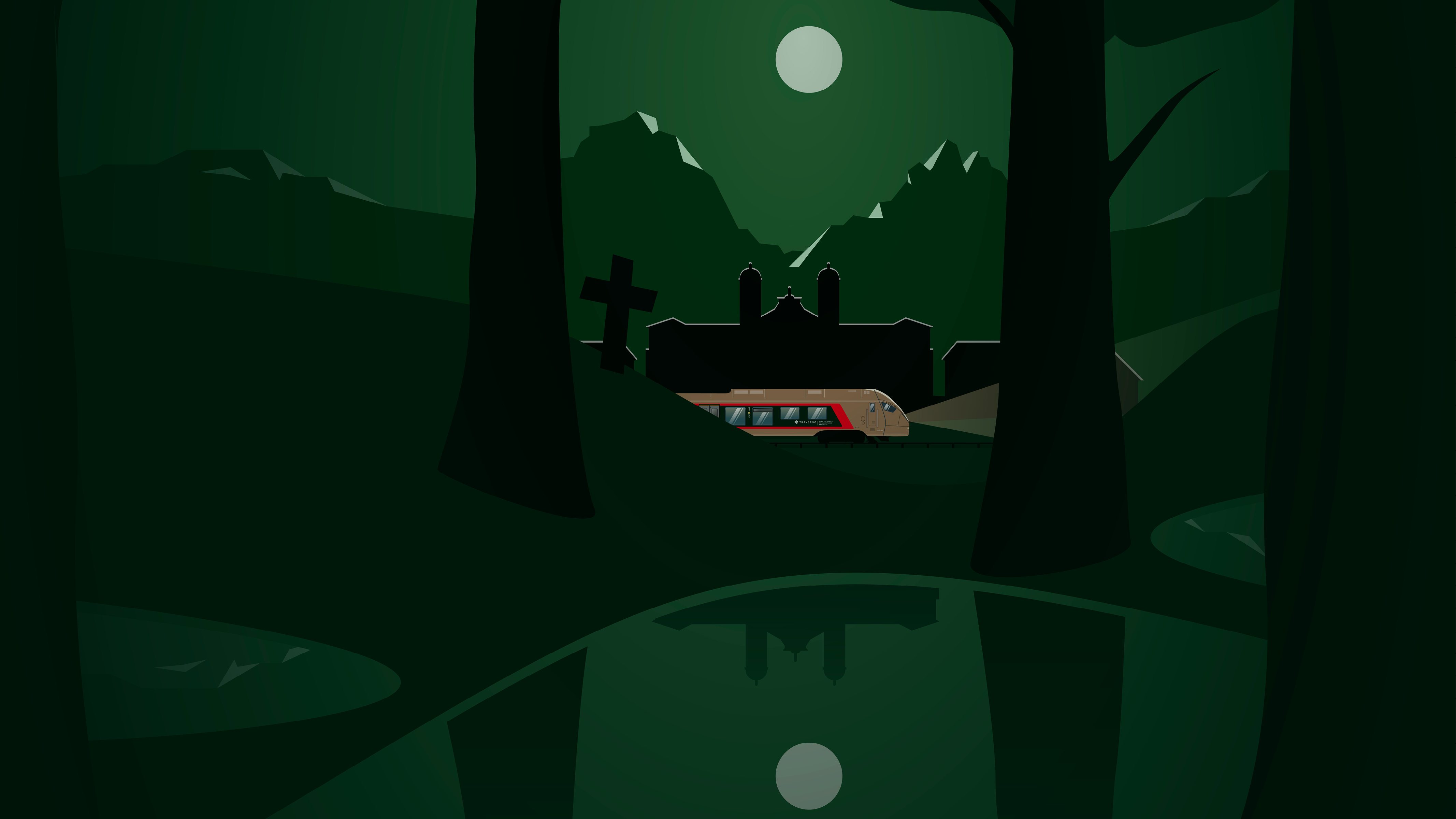 Illustration of a Voralpen-Express train at night under the moonlight and mountains – theme image of the “Murder in the Moor” crime trail.