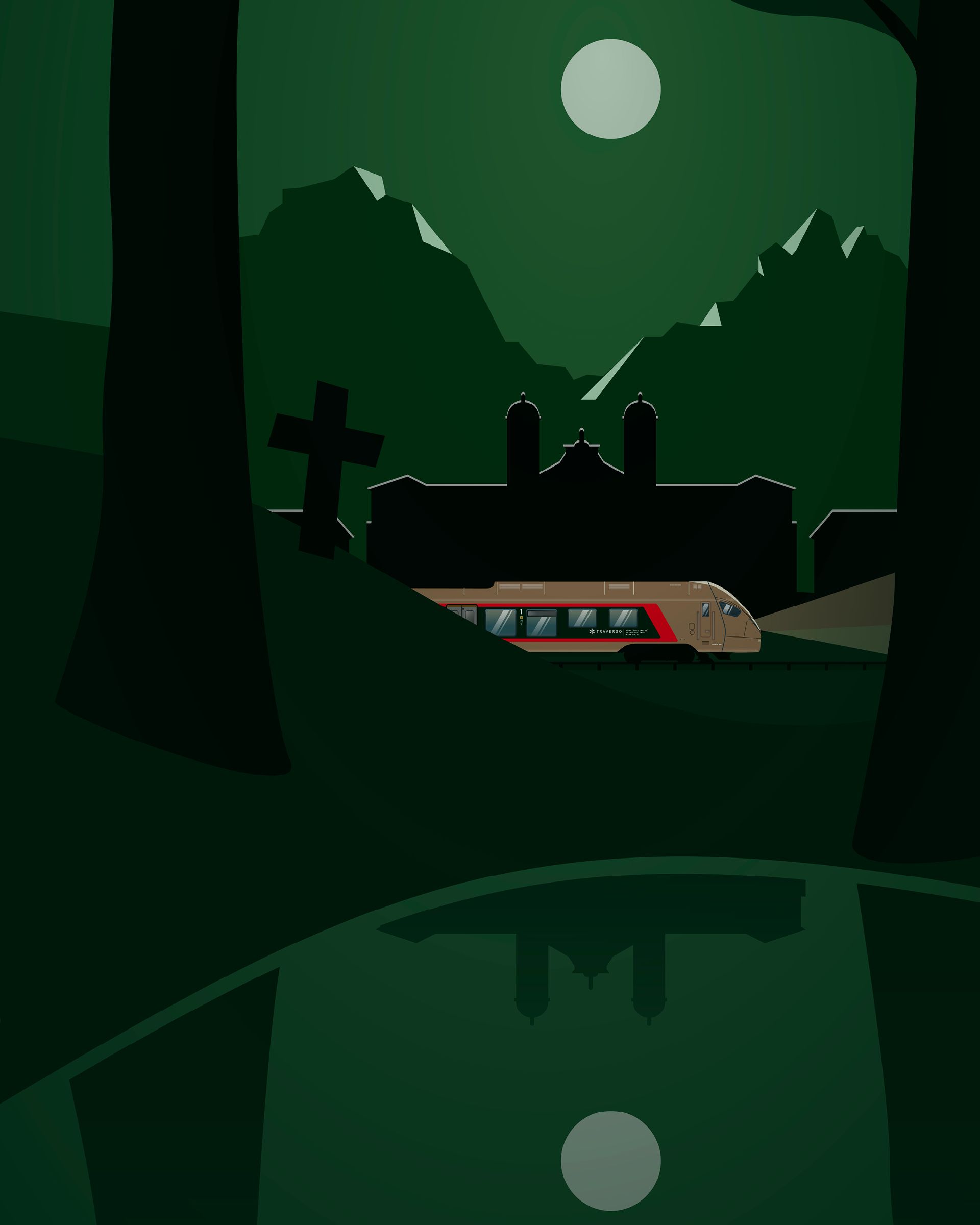 Illustration of a Voralpen-Express train at night under the moonlight and mountains – theme image of the “Murder in the Moor” crime trail.