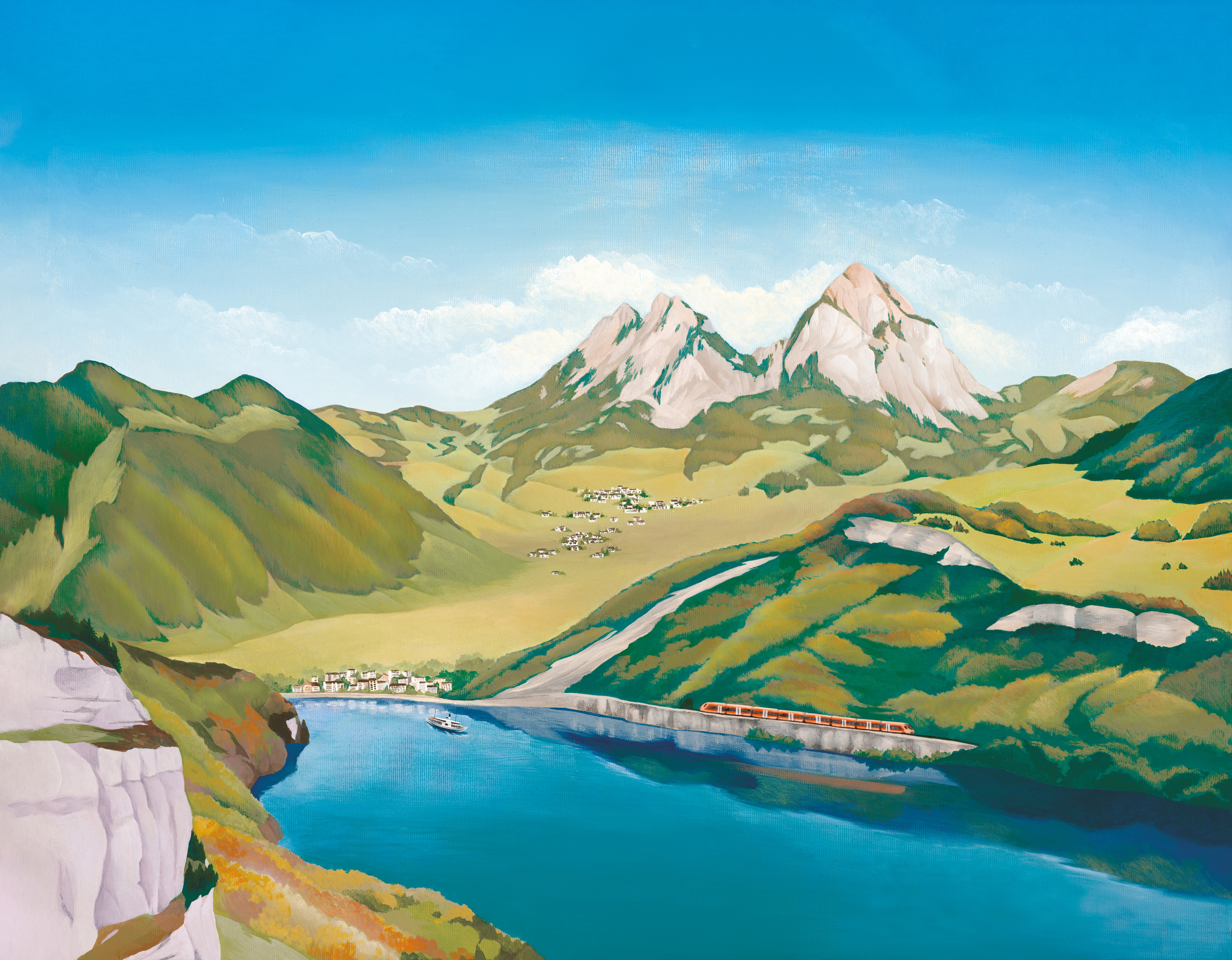 Illustration représentant Schwyz, Mythen et le lac d'Uri avec le « Voralpen-Express » de la Südostbahn au printemps.
