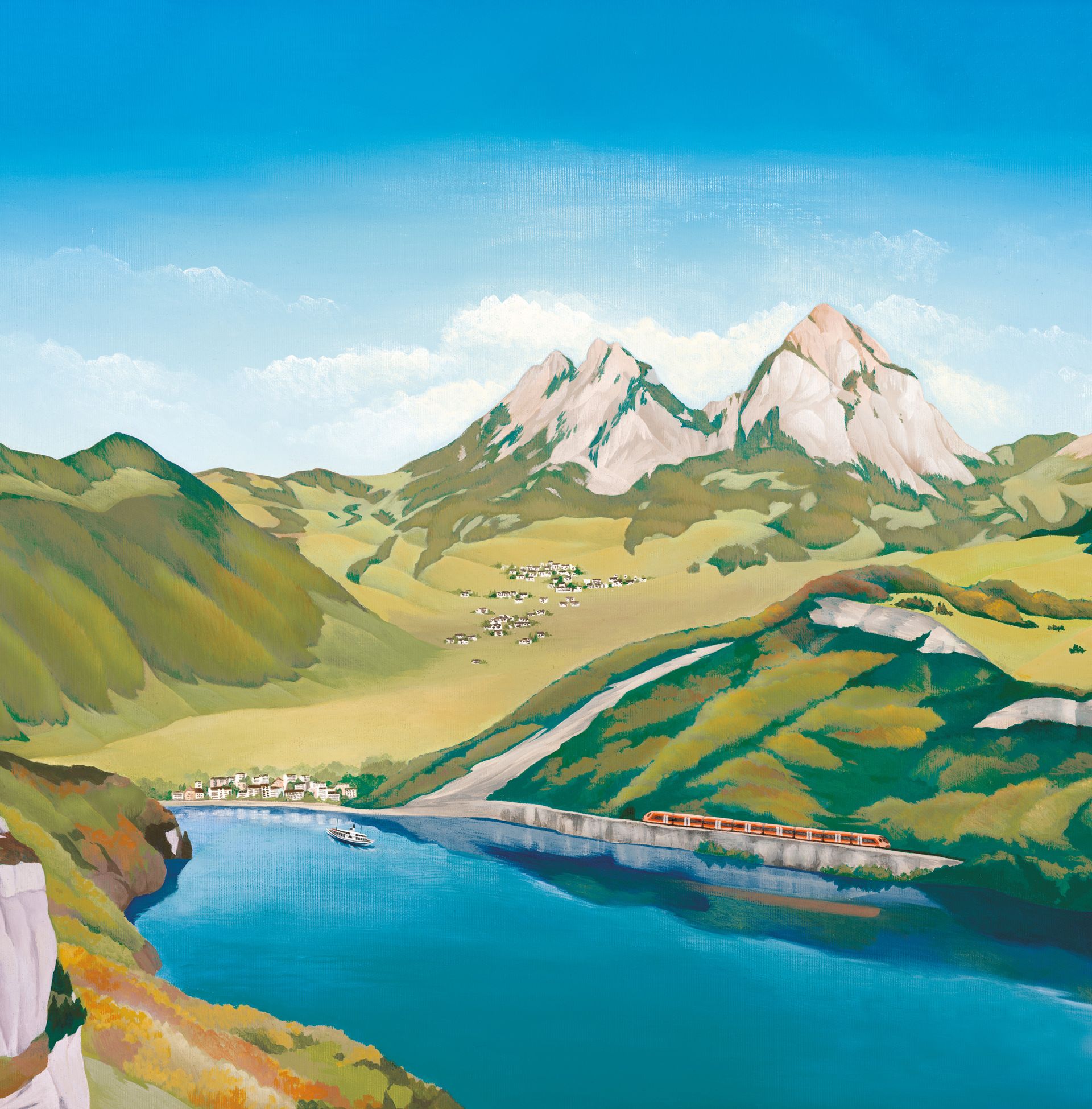 Illustration représentant Schwyz, Mythen et le lac d'Uri avec le « Voralpen-Express » de la Südostbahn au printemps.