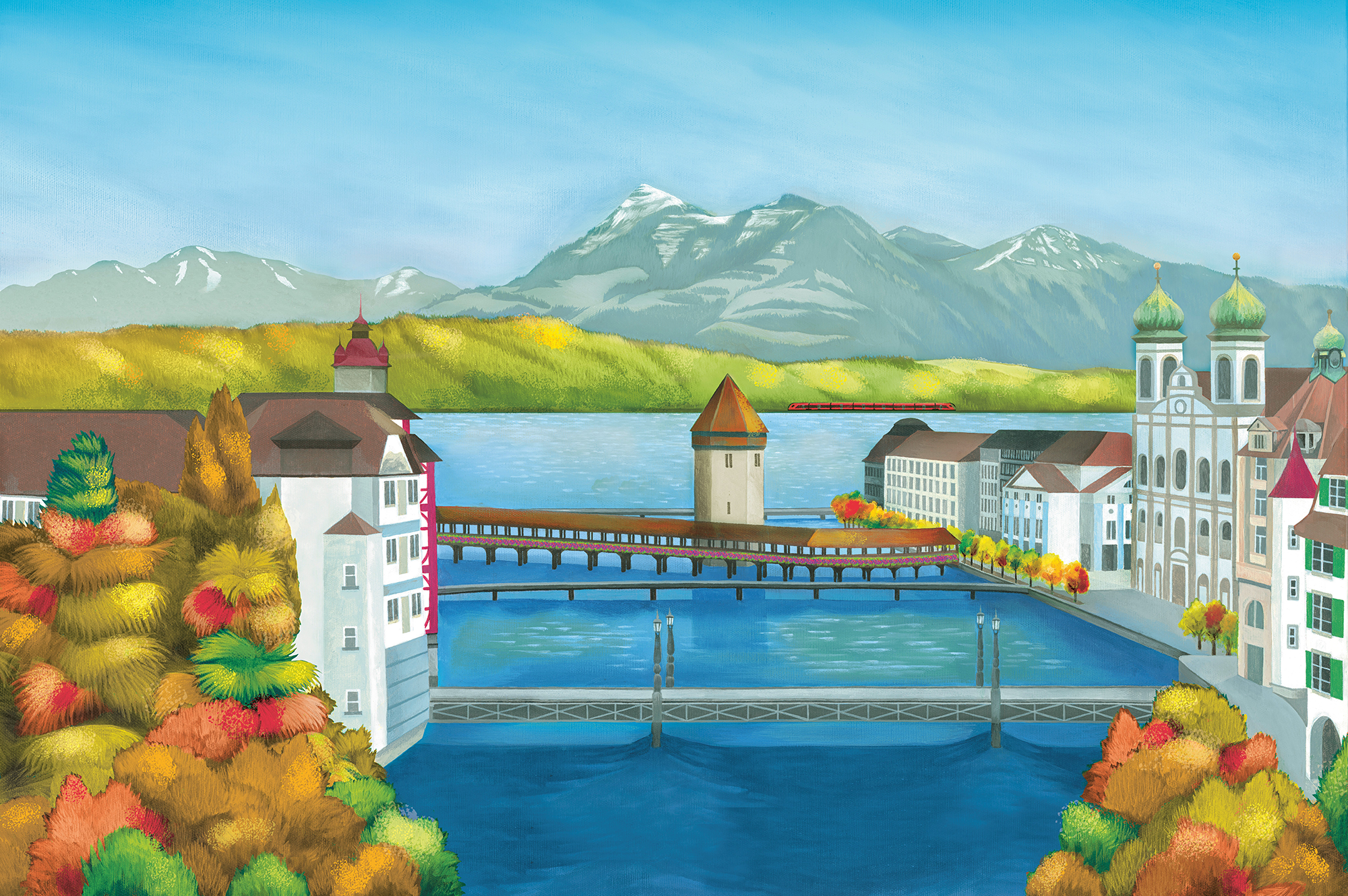 Gemaltes Bild von der Kappelerbrücke in Luzern mit kupferfarbenen Zug im Hintergrund