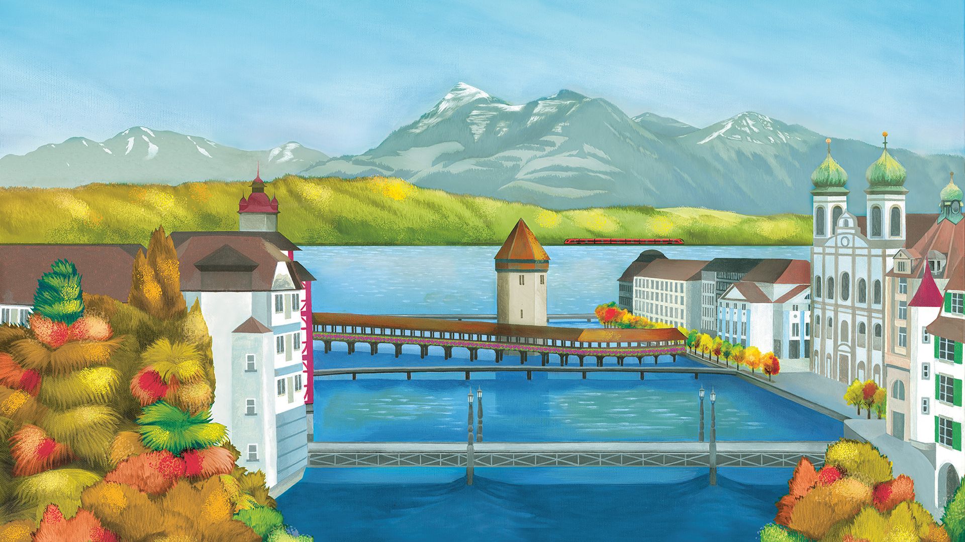 Gemaltes Bild von der Kappelerbrücke in Luzern mit kupferfarbenen Zug im Hintergrund