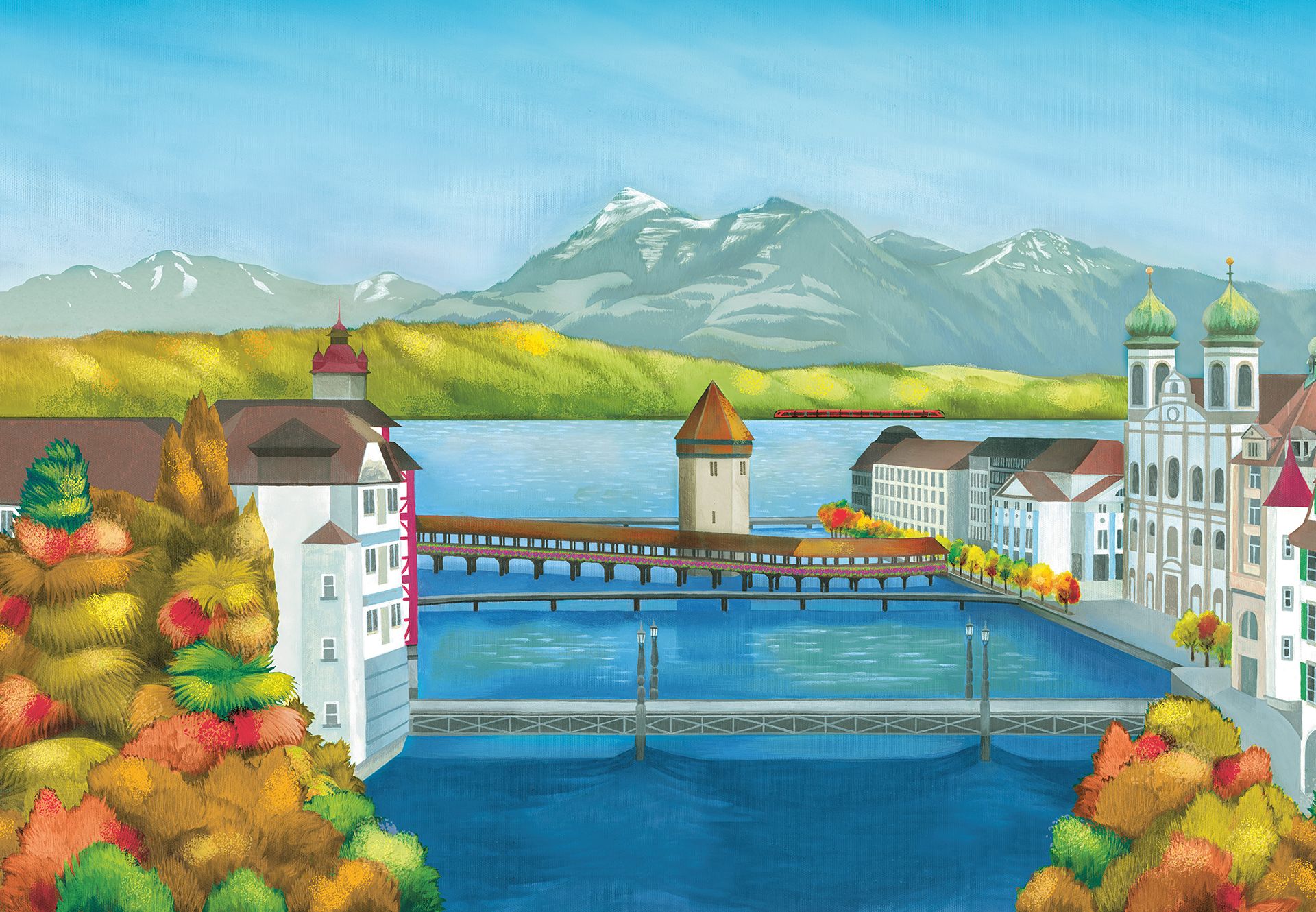 Gemaltes Bild von der Kappelerbrücke in Luzern mit kupferfarbenen Zug im Hintergrund