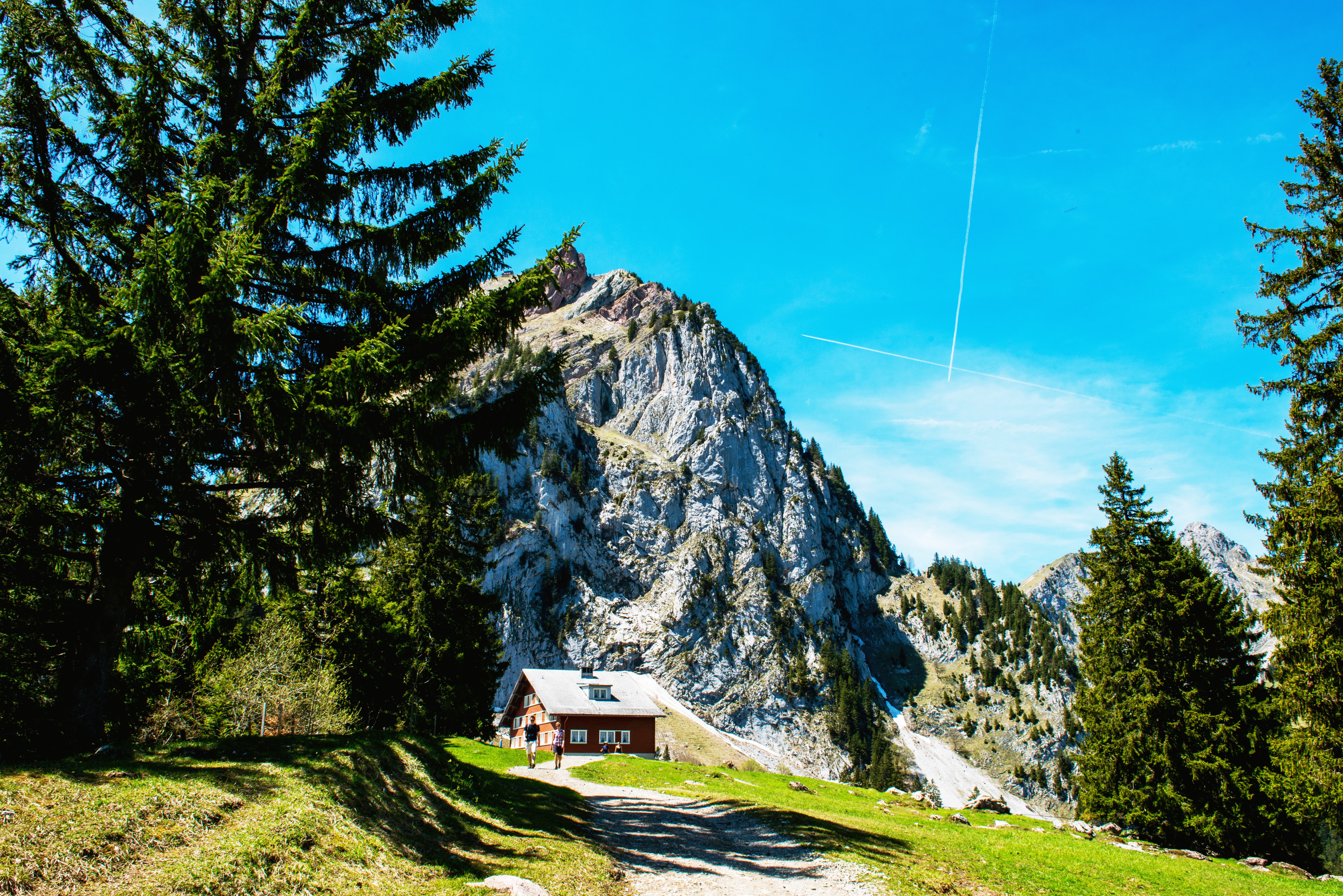 L’auberge de montagne Holzegg se trouve au pied des Mythen, entourée de forêts d’épicéas, de rochers escarpés et d’un ciel bleu éclatant.