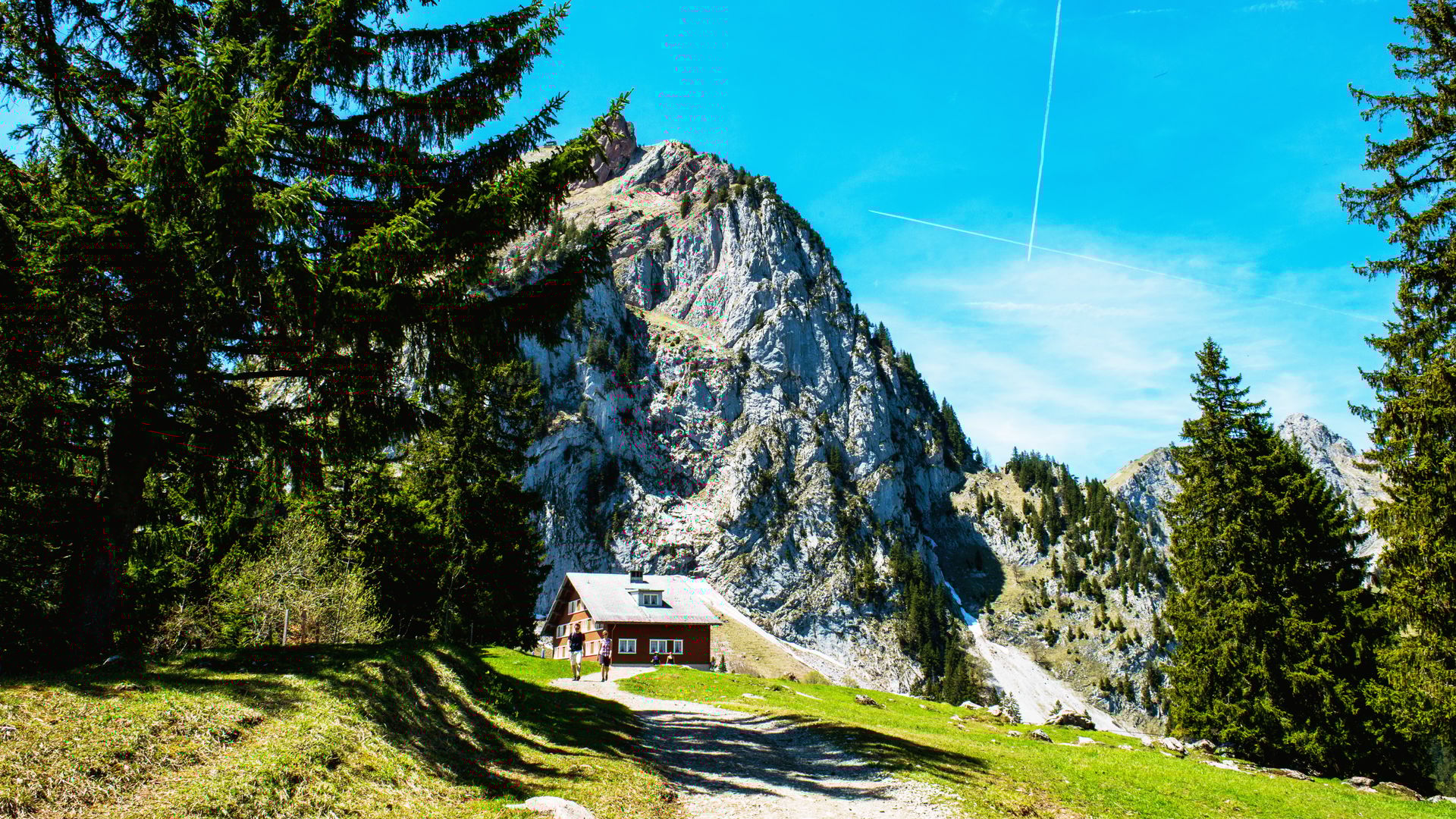 La locanda di montagna Holzegg si trova ai piedi dei Mythen, circondata da boschi di abeti, scogliere e un cielo azzurro luminoso.