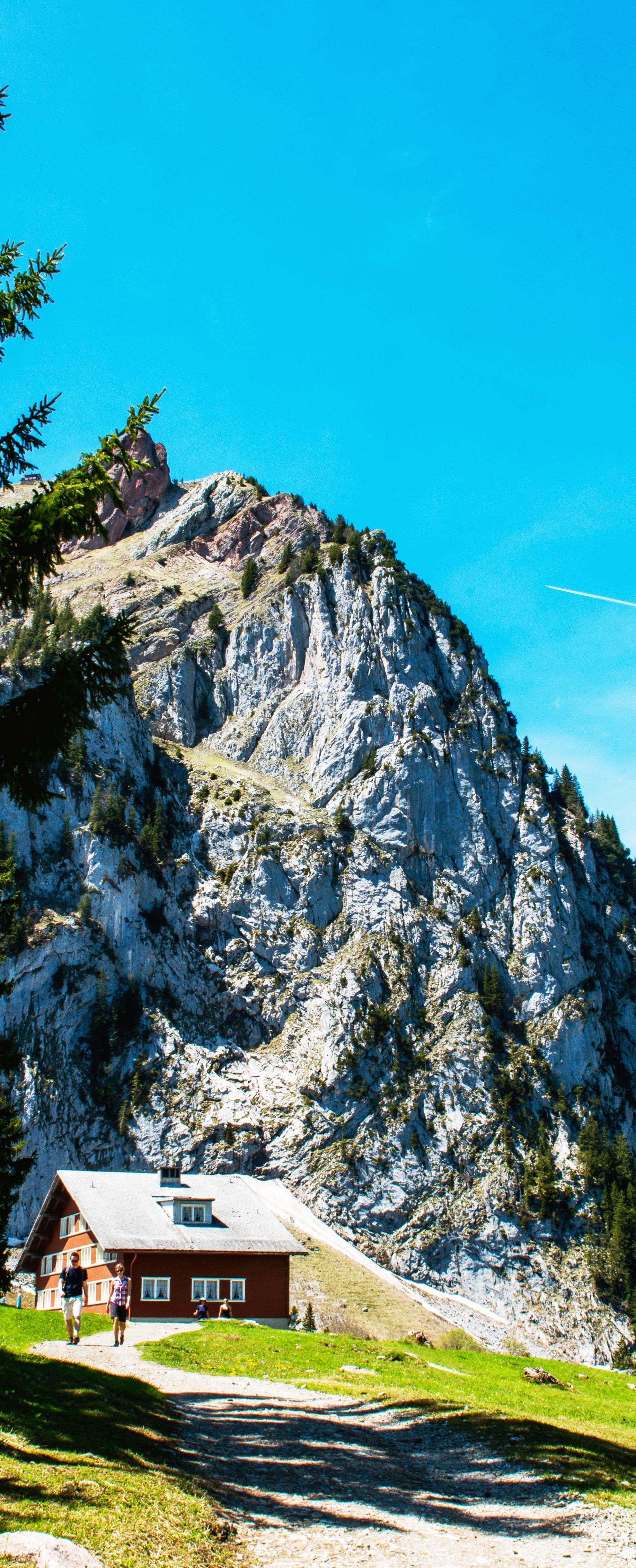 L’auberge de montagne Holzegg se trouve au pied des Mythen, entourée de forêts d’épicéas, de rochers escarpés et d’un ciel bleu éclatant.