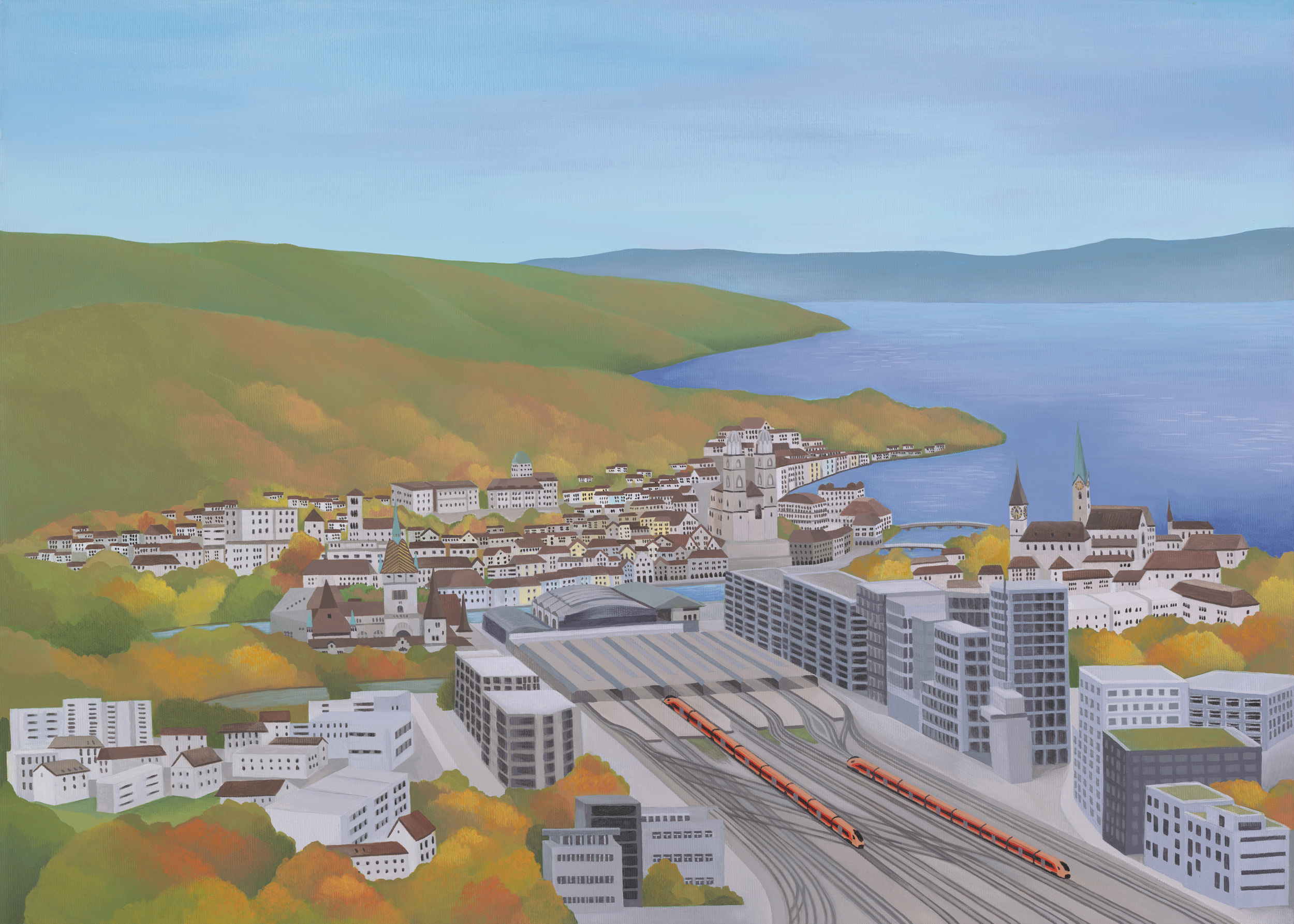 Illustration von Zürich mit Hauptbahnhof Zürich, Altstadt, Zürichsee und dem Treno Gottardo und IR Aare Linth der Südostbahn im Herbst.