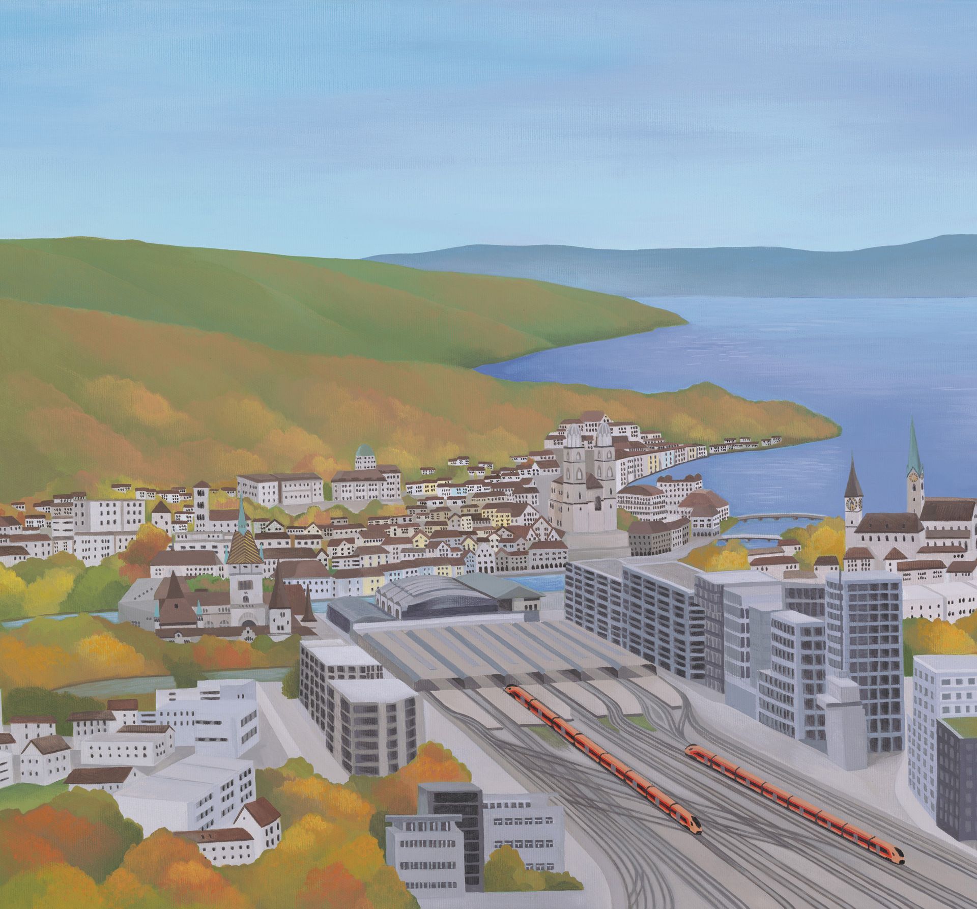 Illustration von Zürich mit Hauptbahnhof Zürich, Altstadt, Zürichsee und dem Treno Gottardo und IR Aare Linth der Südostbahn im Herbst.