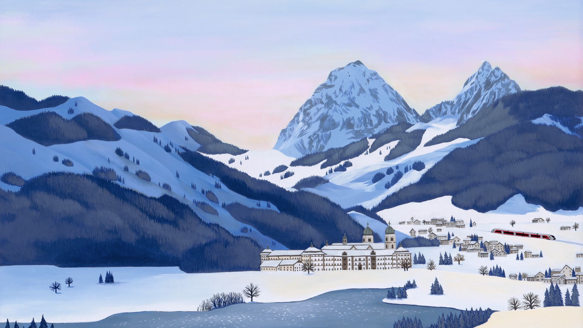 Illustration - Einsiedeln Abbey - Winter - S-Bahn trains