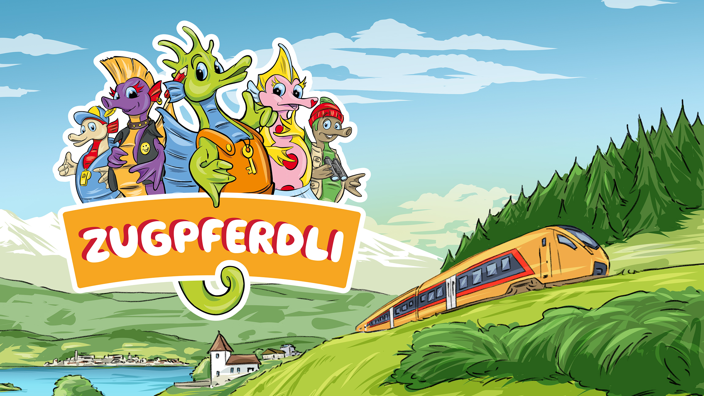 Illustration der Zugpferdli, fünf bunte, comicartige Tierfiguren mit einem SOB-Zug im Hintergrund vor idyllischer Alpenlandschaft.