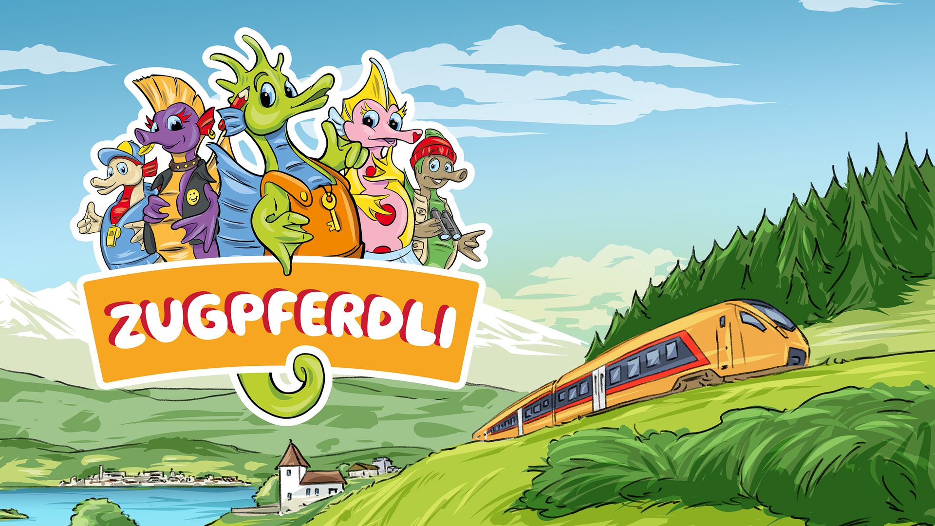 Illustration der Zugpferdli, fünf bunte, comicartige Tierfiguren mit einem SOB-Zug im Hintergrund vor idyllischer Alpenlandschaft.