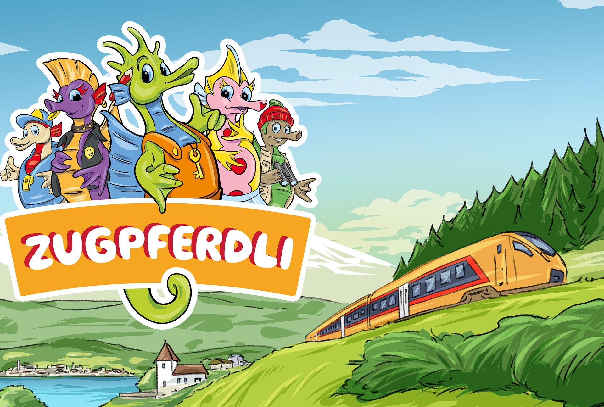 Illustration der Zugpferdli, fünf bunte, comicartige Tierfiguren mit einem SOB-Zug im Hintergrund vor idyllischer Alpenlandschaft.