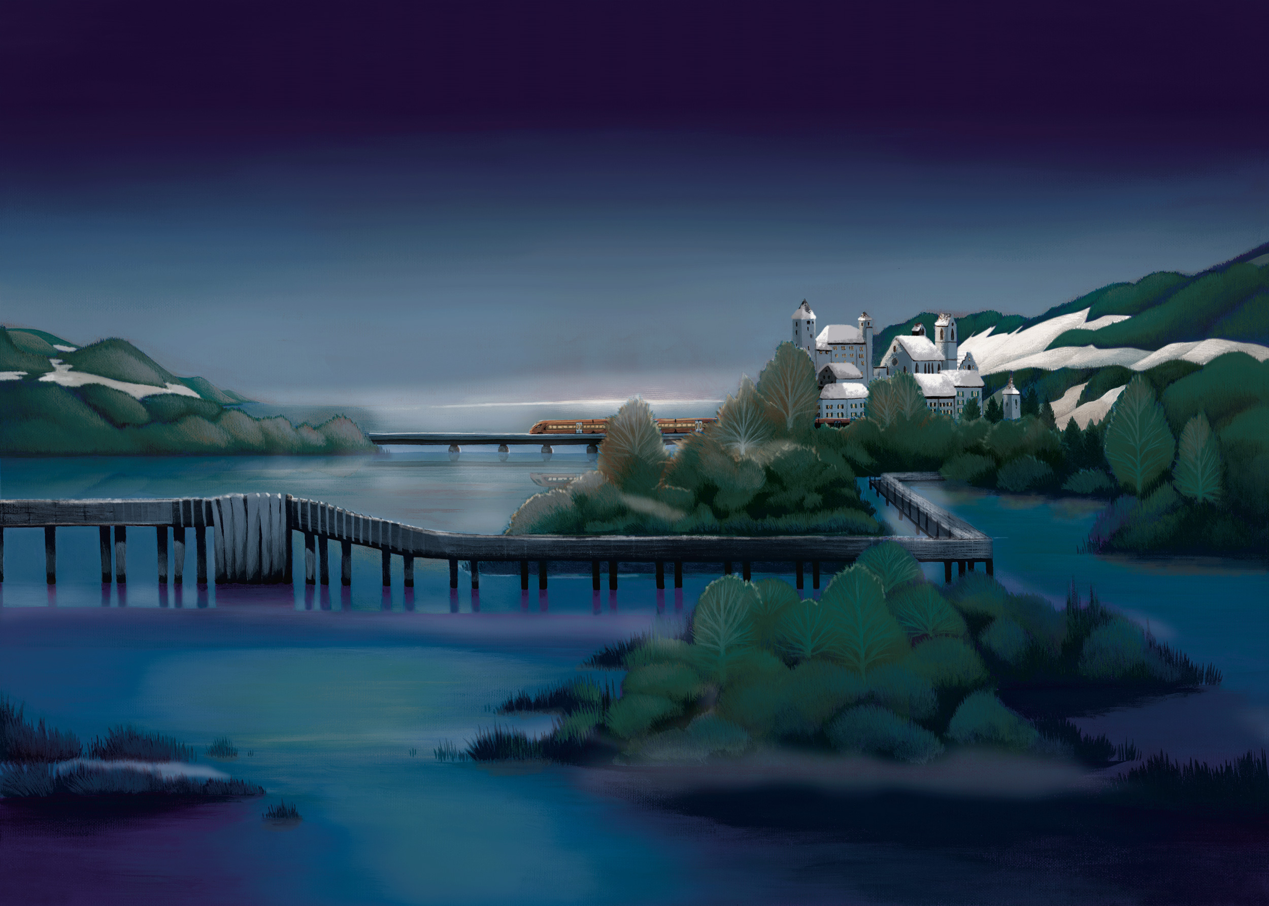 Illustrazione di Rapperswil, Seedamm, il Lago di Zurigo e il Voralpen-Express della Südostbahn in una notte d’inverno.
